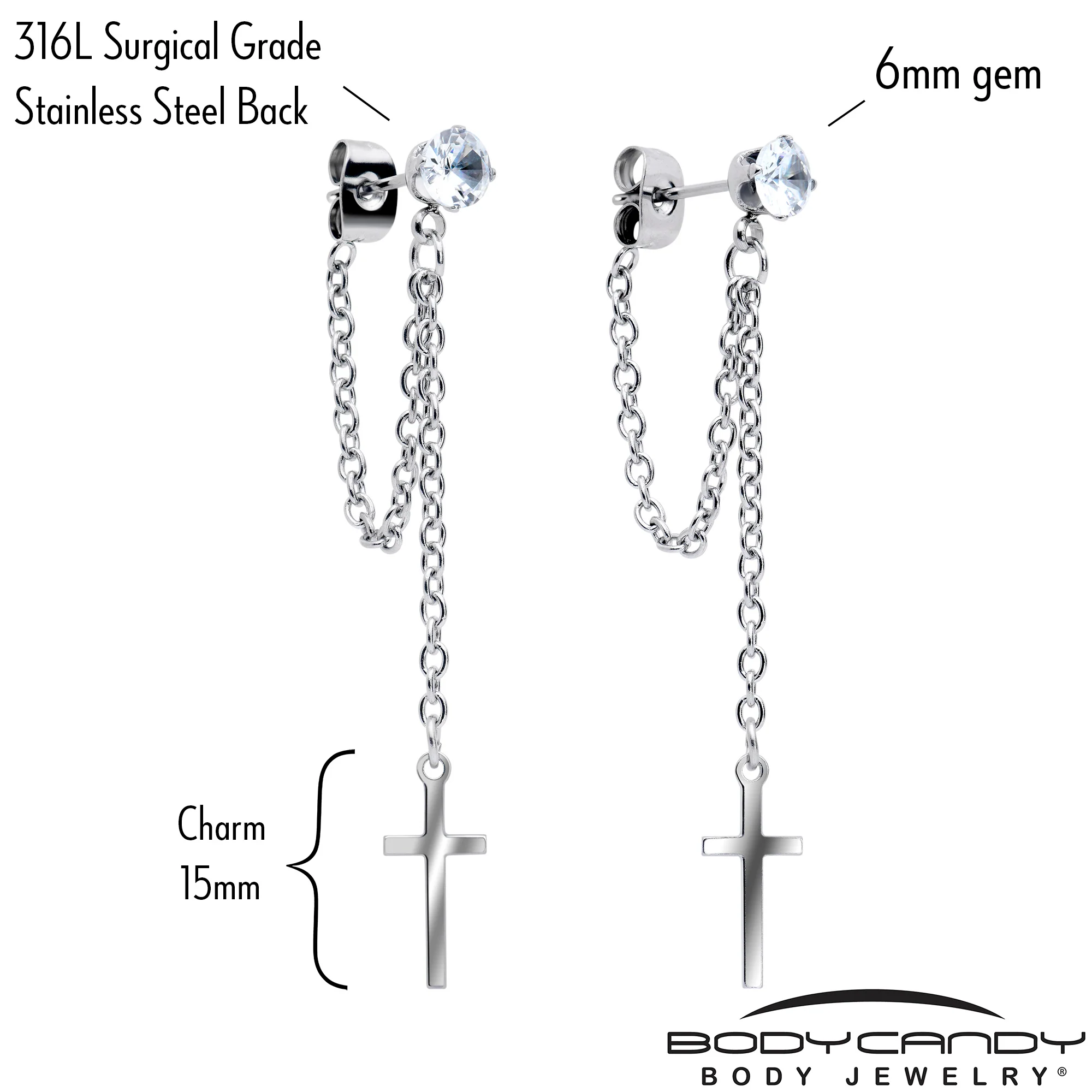 Clear Gem Chain Dangle Cross Stud Earrings - Image 3