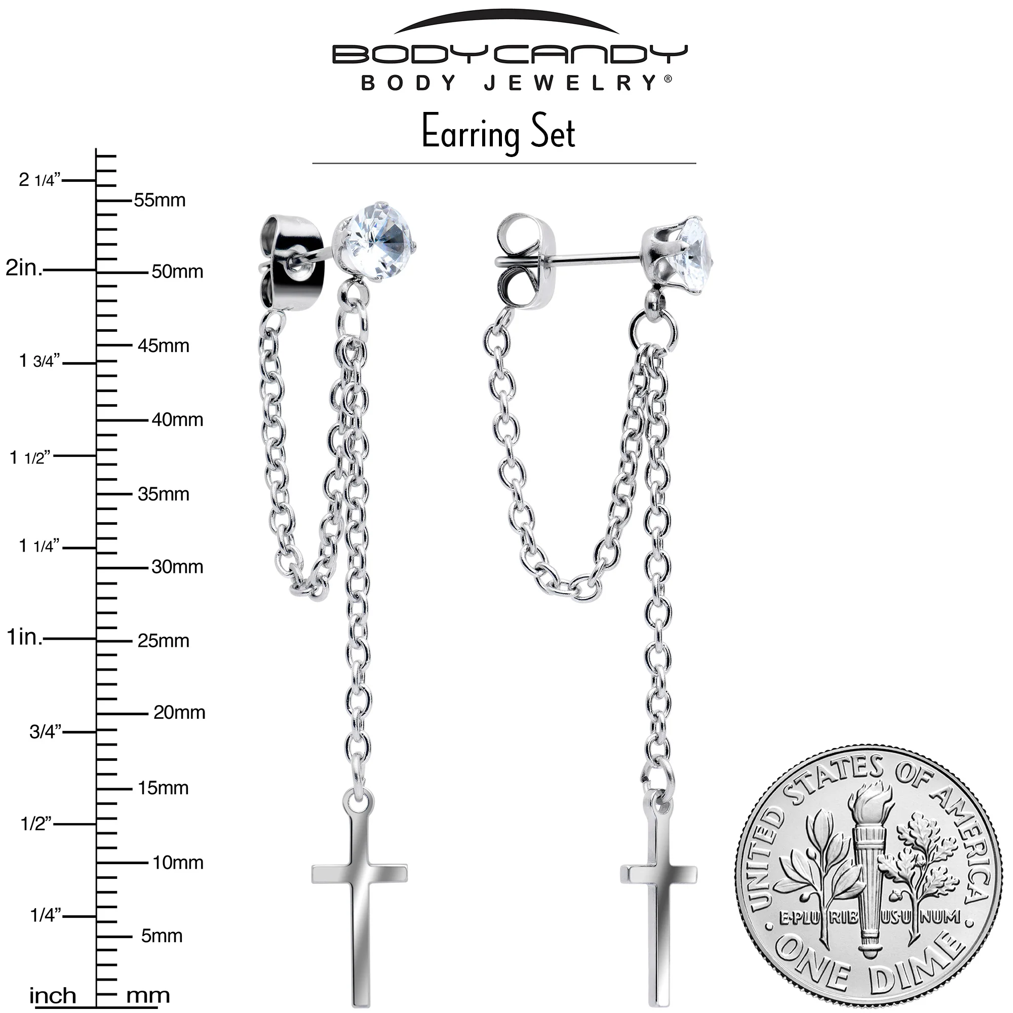 Clear Gem Chain Dangle Cross Stud Earrings - Image 4