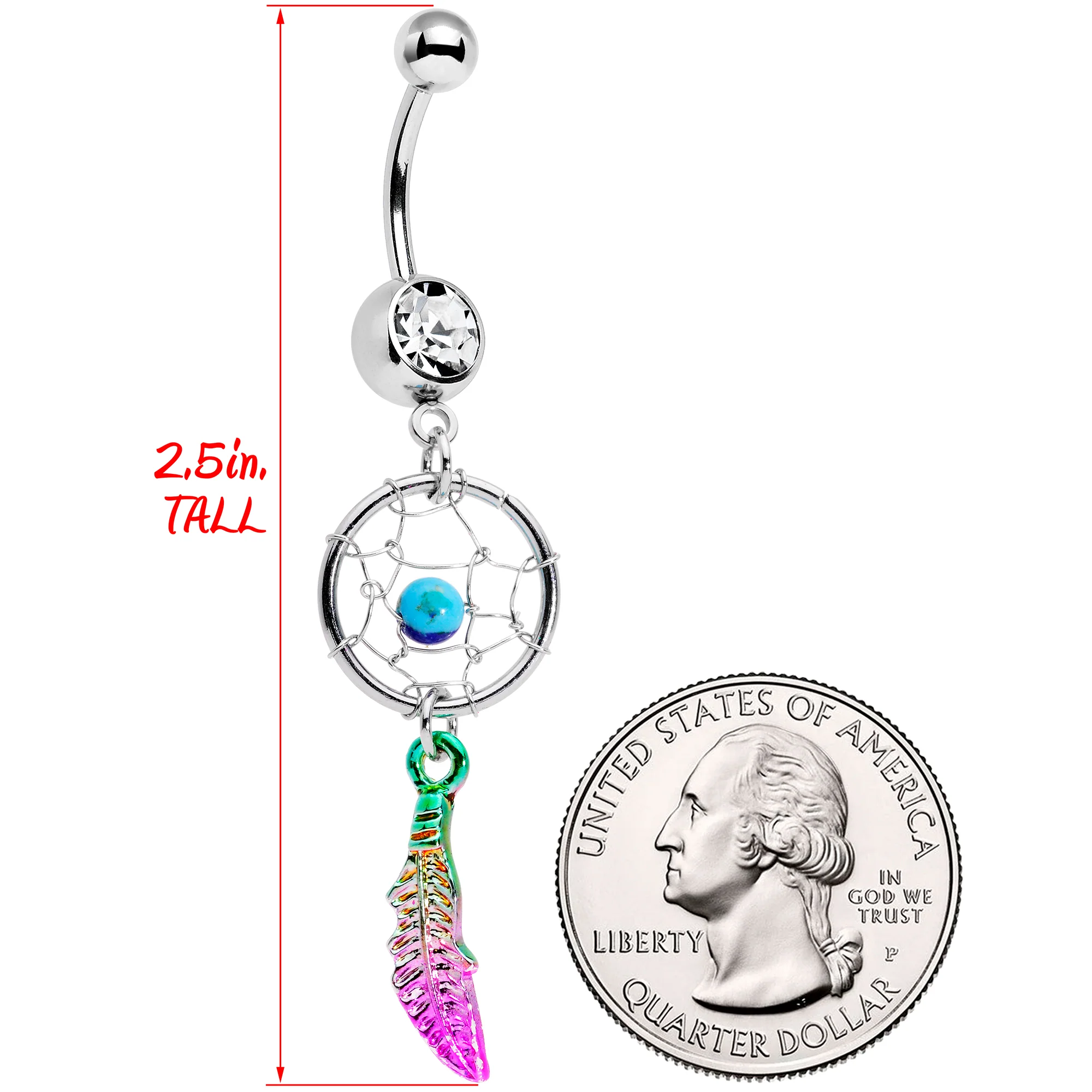 Clear Gem Color Fade Feather Dreamcatcher Dangle Belly Ring - Image 2