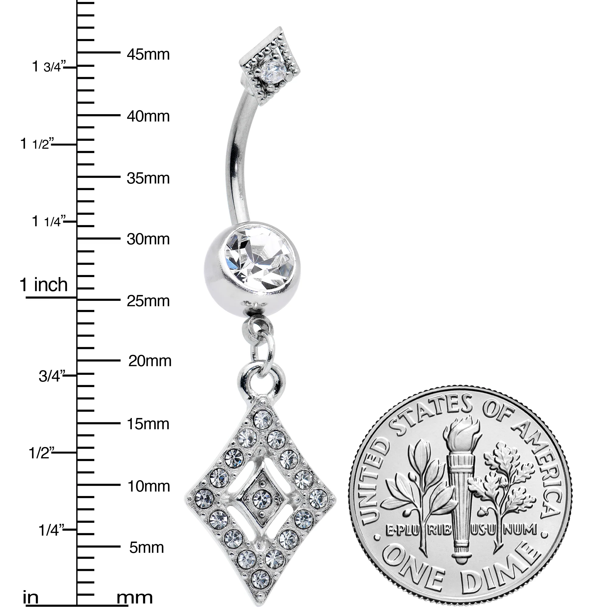 Clear Gem Double Rhombus Deco Double Mount Dangle Belly Ring - Image 3