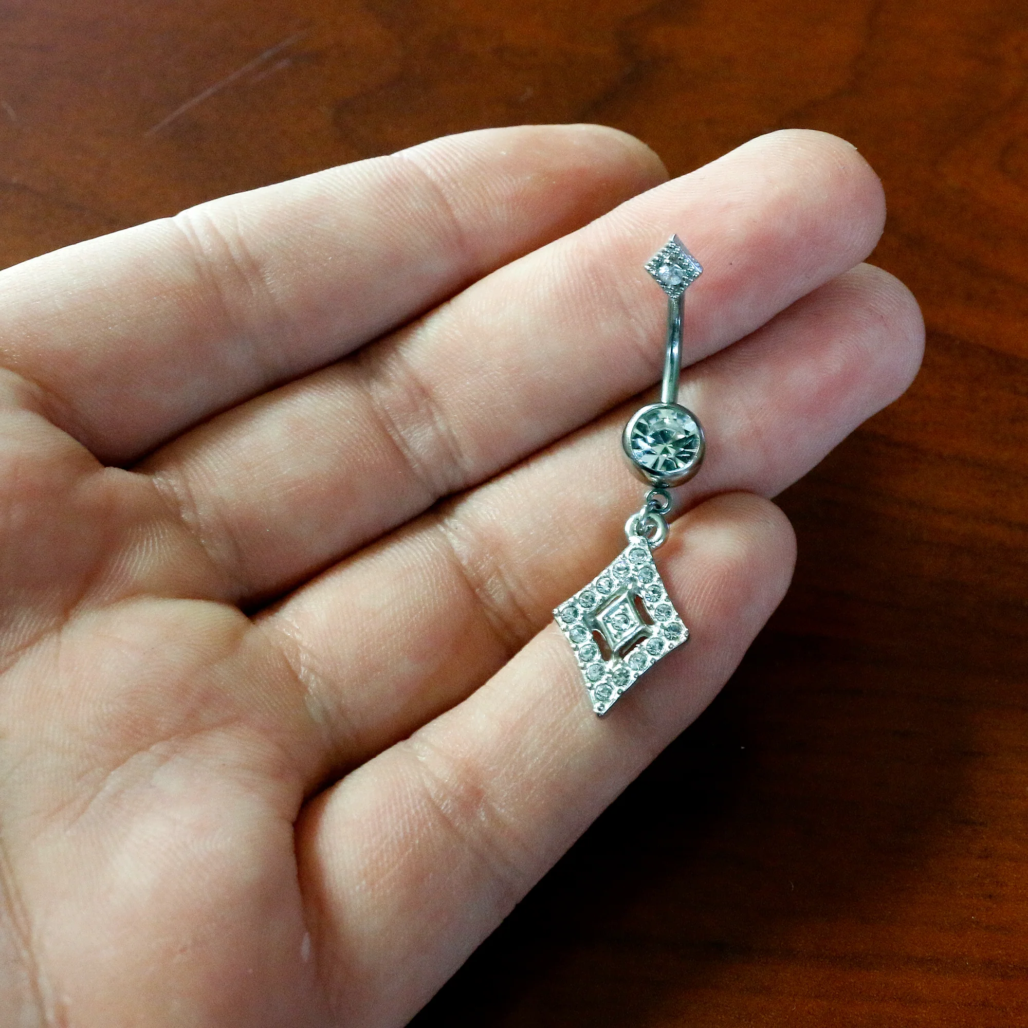 Clear Gem Double Rhombus Deco Double Mount Dangle Belly Ring - Image 4