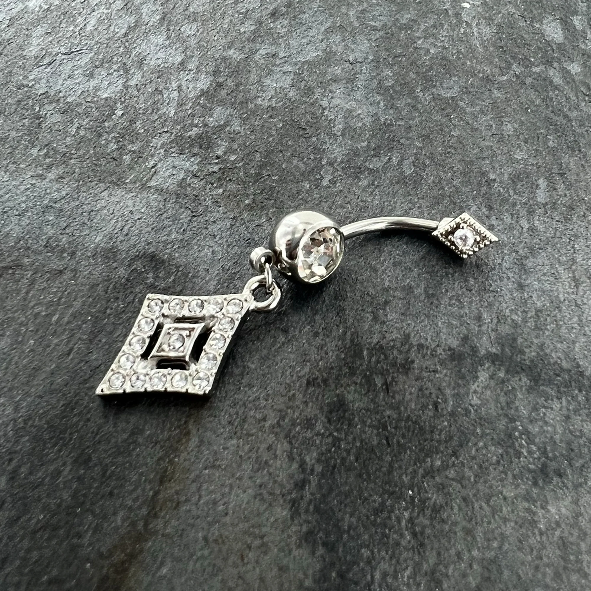 Clear Gem Double Rhombus Deco Double Mount Dangle Belly Ring - Image 5