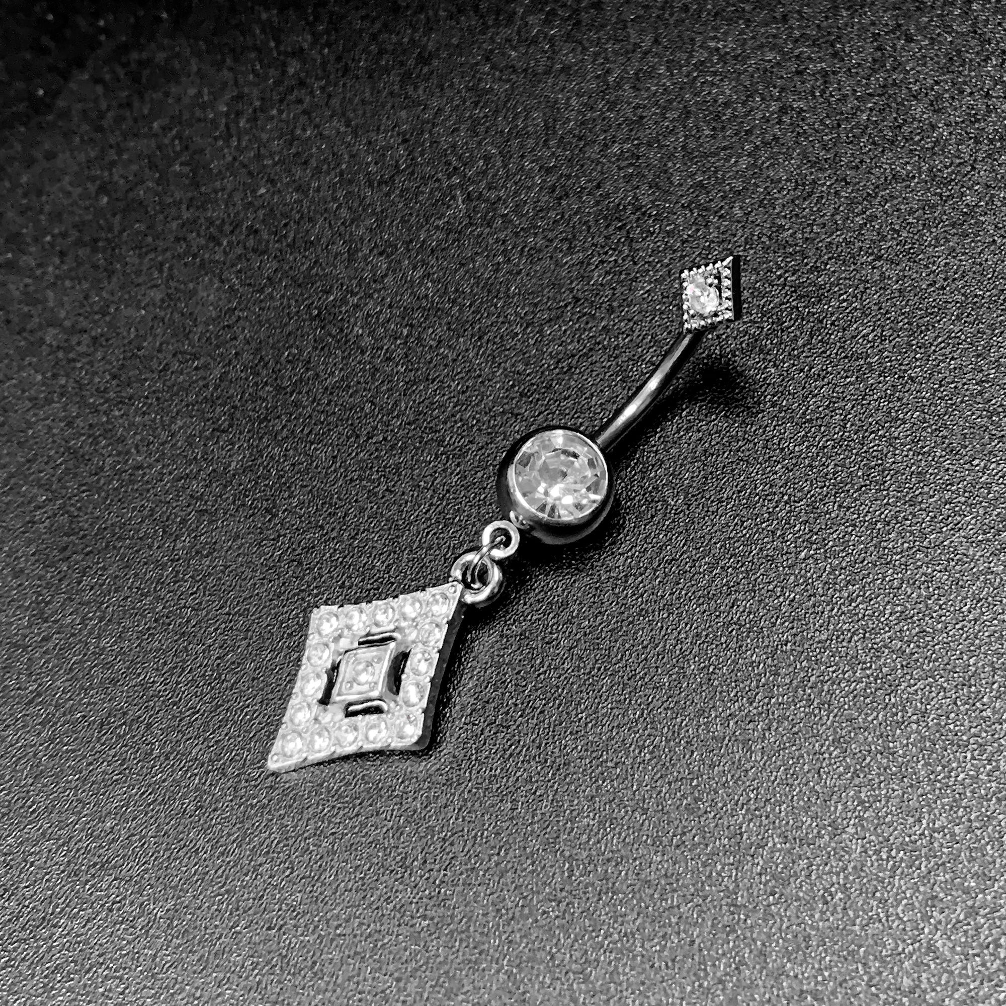 Clear Gem Double Rhombus Deco Double Mount Dangle Belly Ring - Image 6