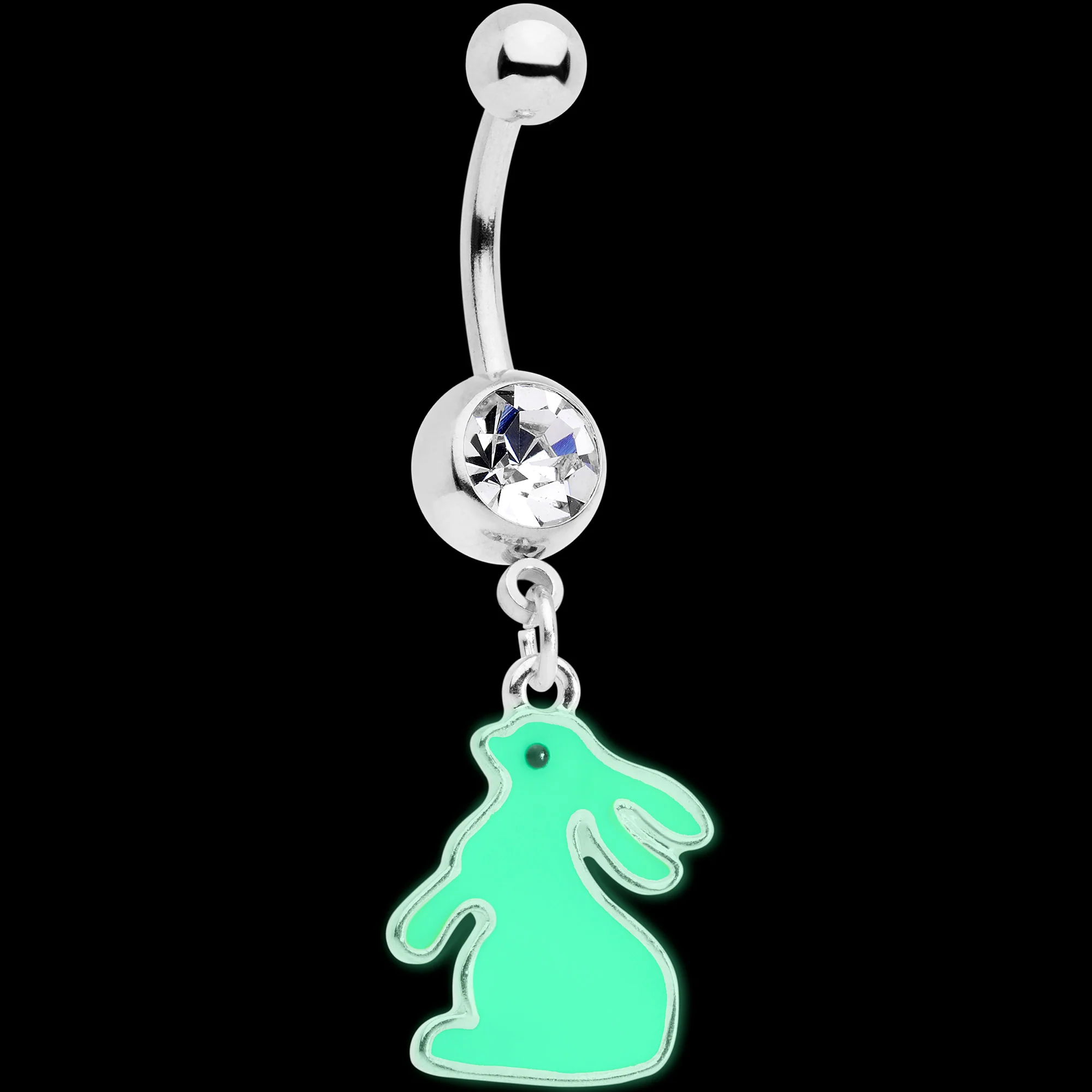 Clear Gem Easter Bunny Glow in the Dark Dangle Belly Ring - Image 2
