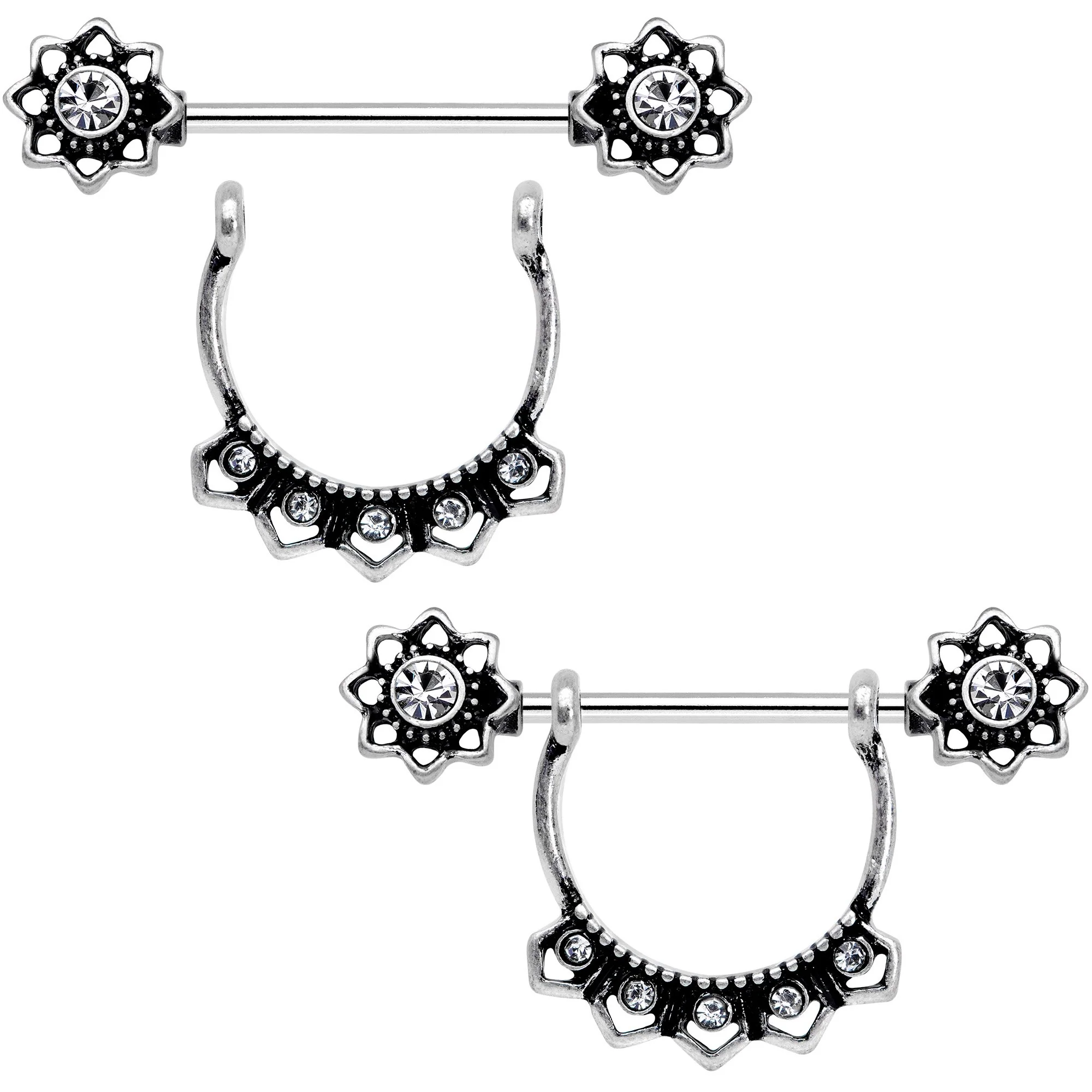 Clear Gem Flapper Fashion Removable Dangle Barbell Nipple Ring Set - Image 2