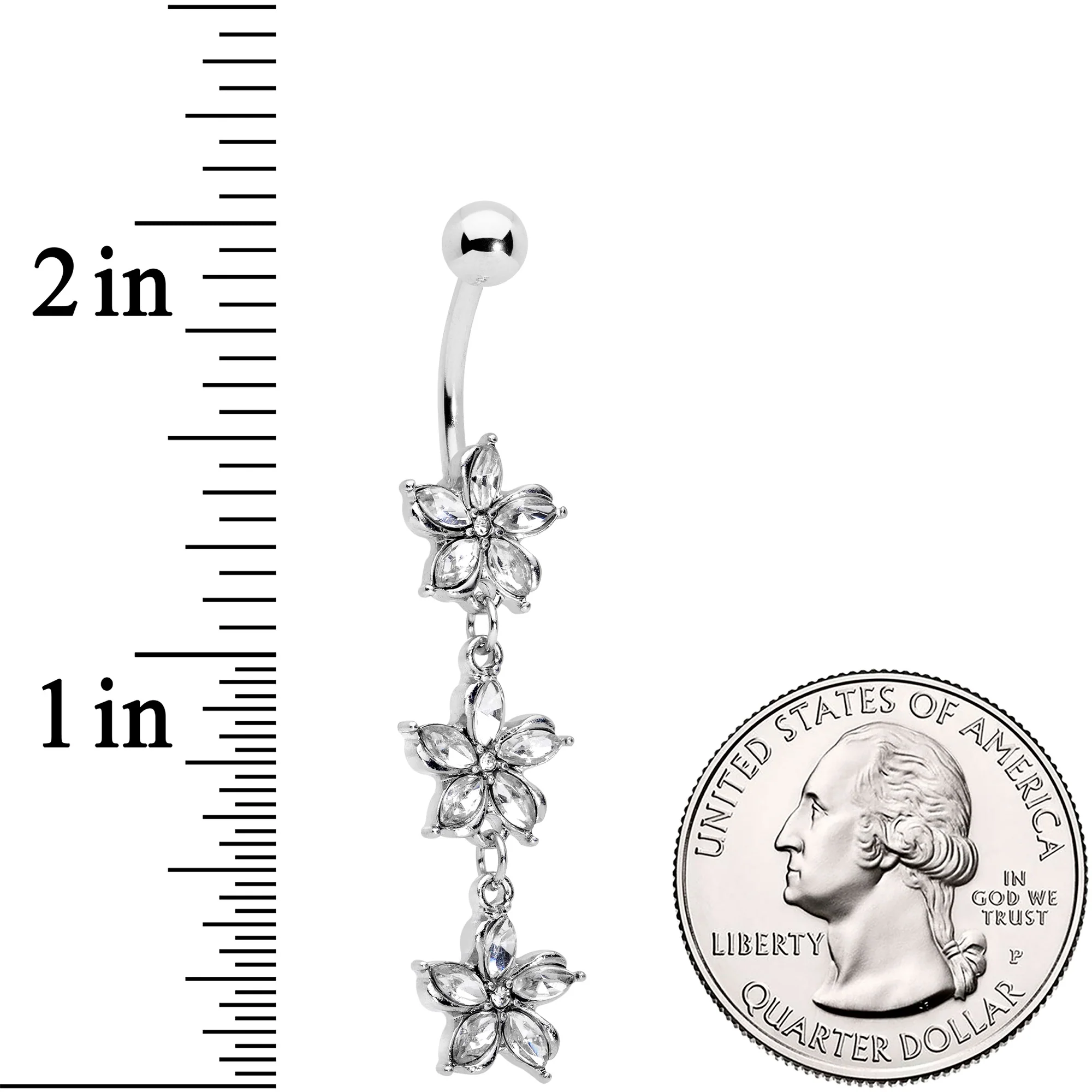 Clear Gem Flower Trio Dangle Belly Ring - Image 2