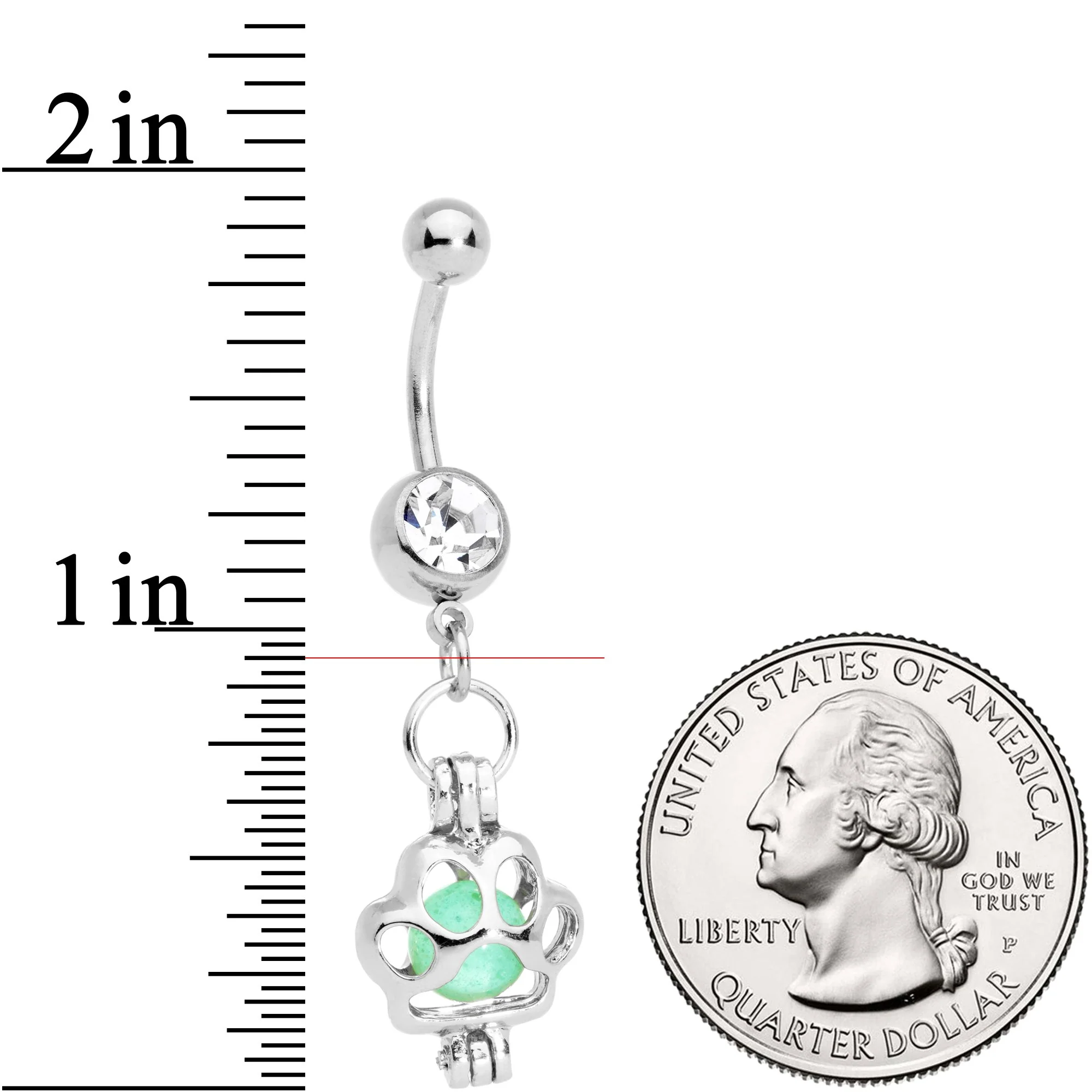 Clear Gem Glow in the Dark Paw Print Dangle Belly Ring - Image 3