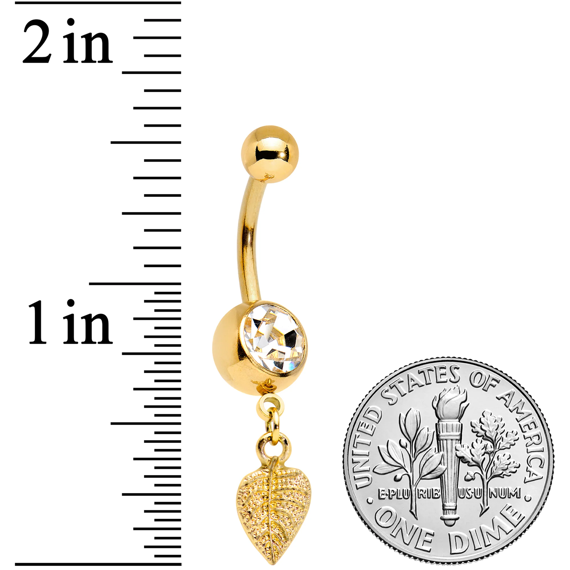 Clear Gem Gold Tone Autumn Textured Leaf Dangle Belly Ring - Image 2