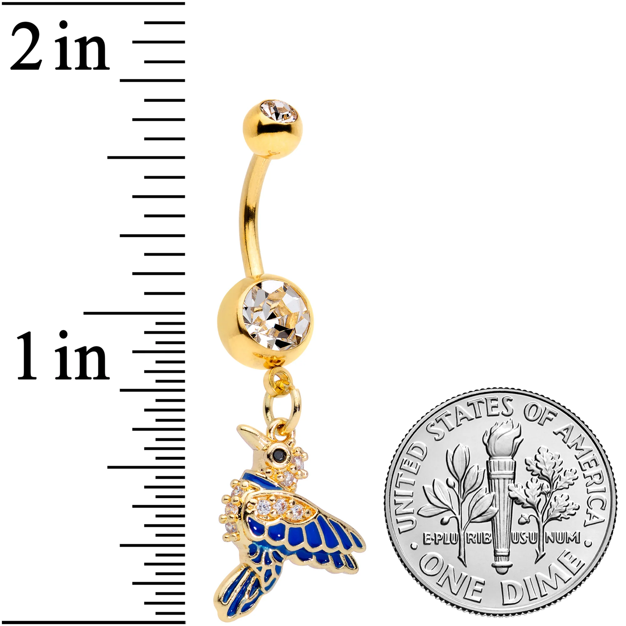 Clear Gem Gold Tone Blue Bird Dangle Belly Ring - Image 2