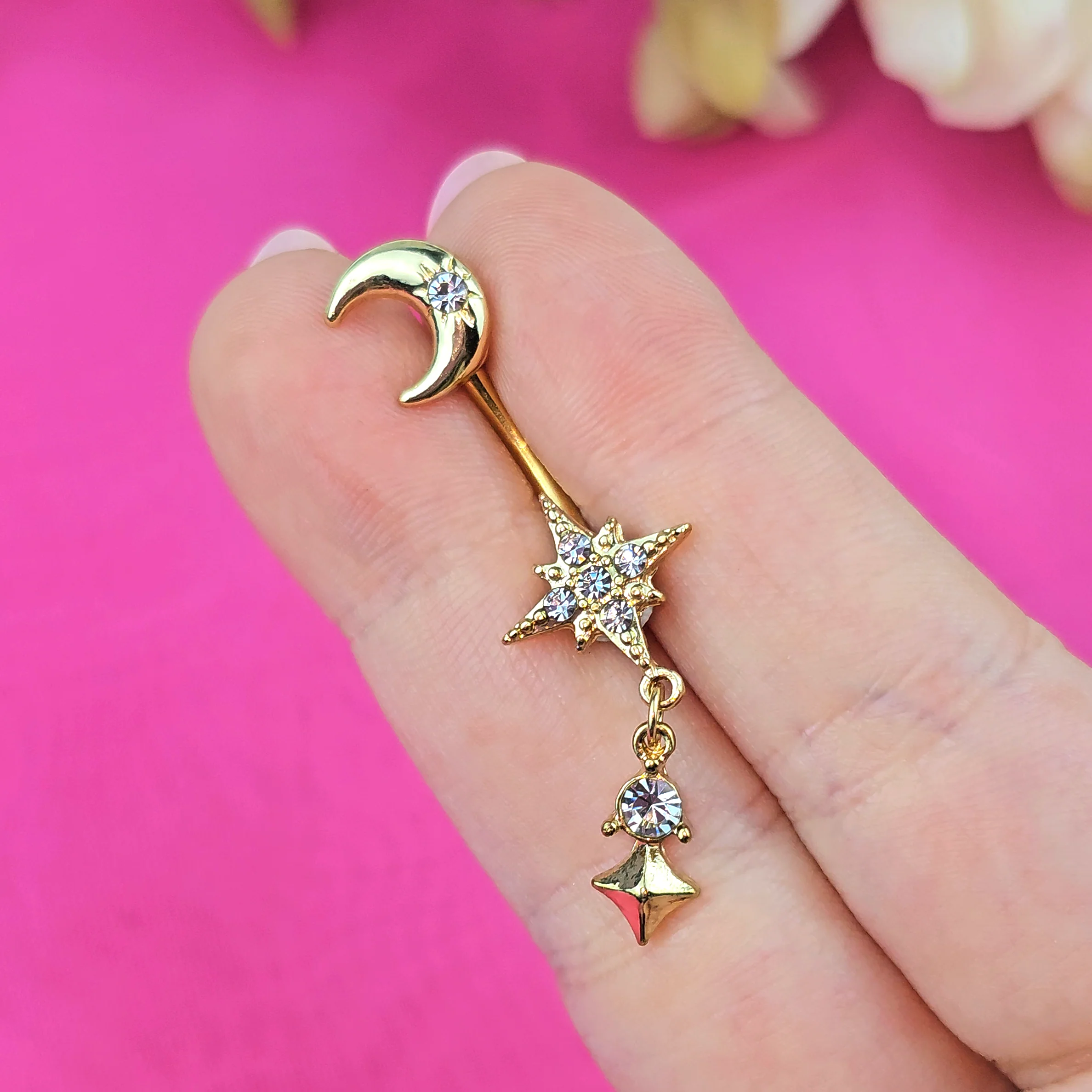 Clear Gem Gold Tone Celestial Glam Dangle Double Mount Belly Ring - Image 2
