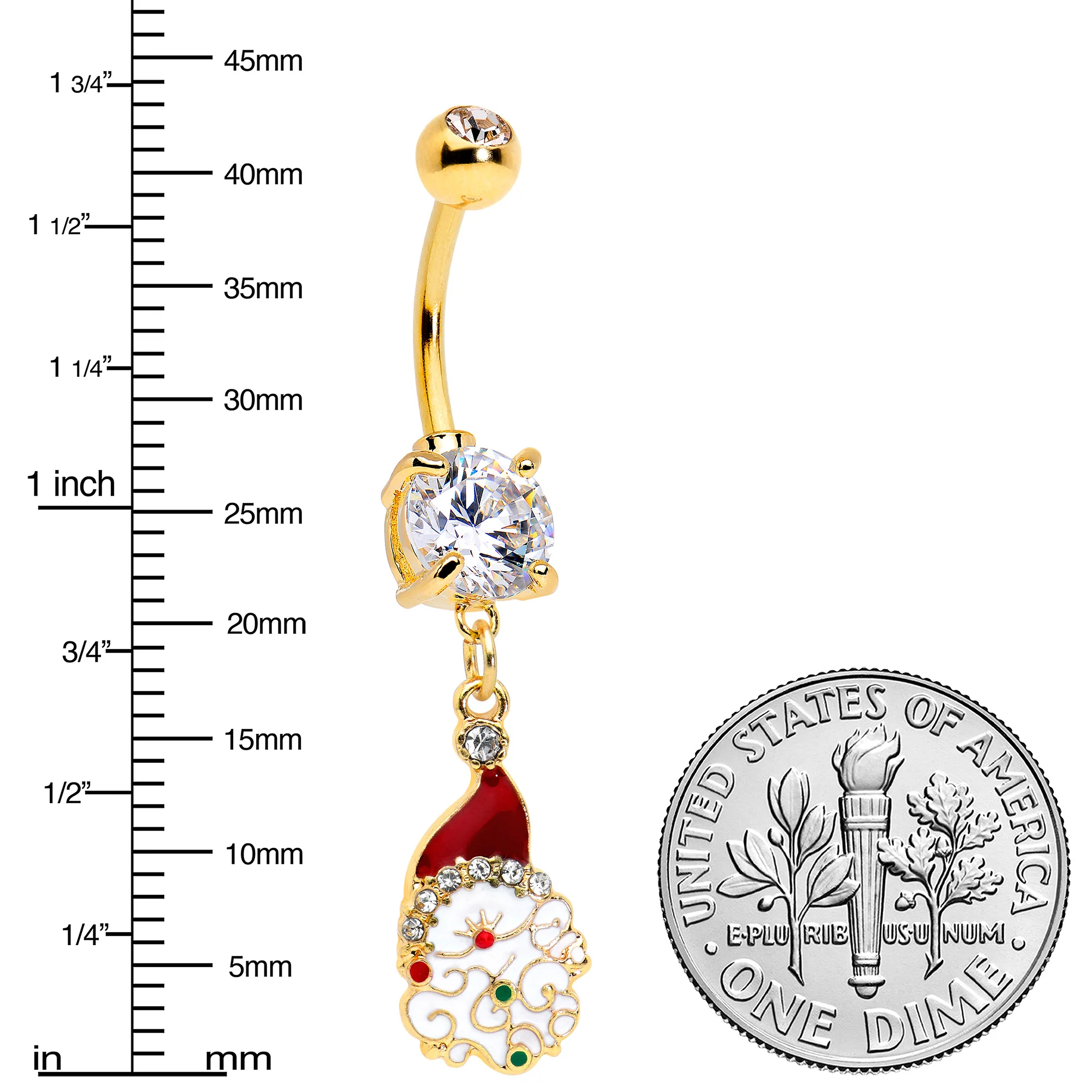 Clear Gem Gold Tone Decorated Santa Christmas Holiday Dangle Belly Ring - Image 3