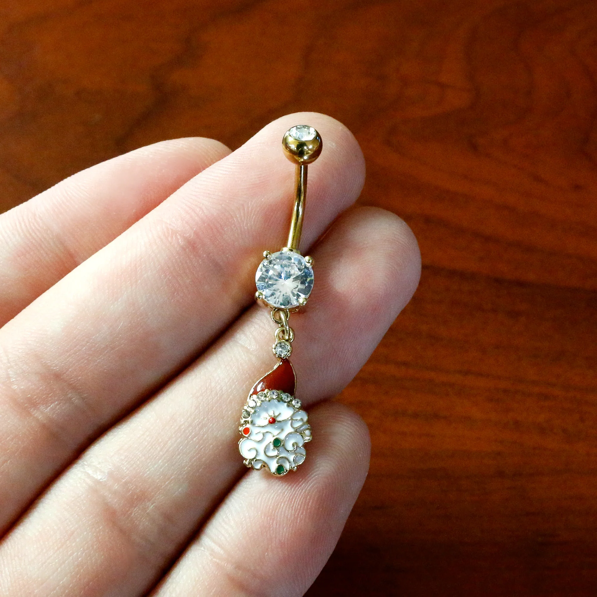 Clear Gem Gold Tone Decorated Santa Christmas Holiday Dangle Belly Ring - Image 7