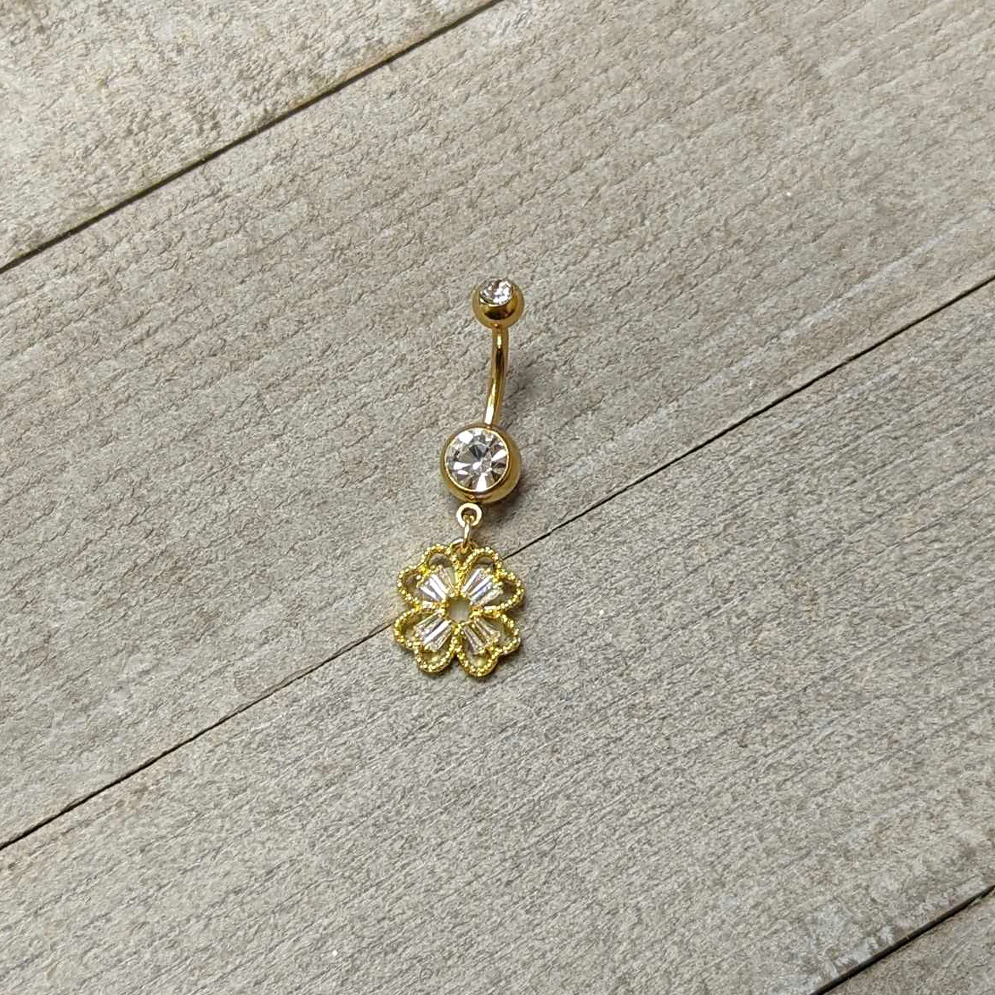 Clear Gem Gold Tone Elegant Textured Shamrock Dangle Belly Ring - Image 4