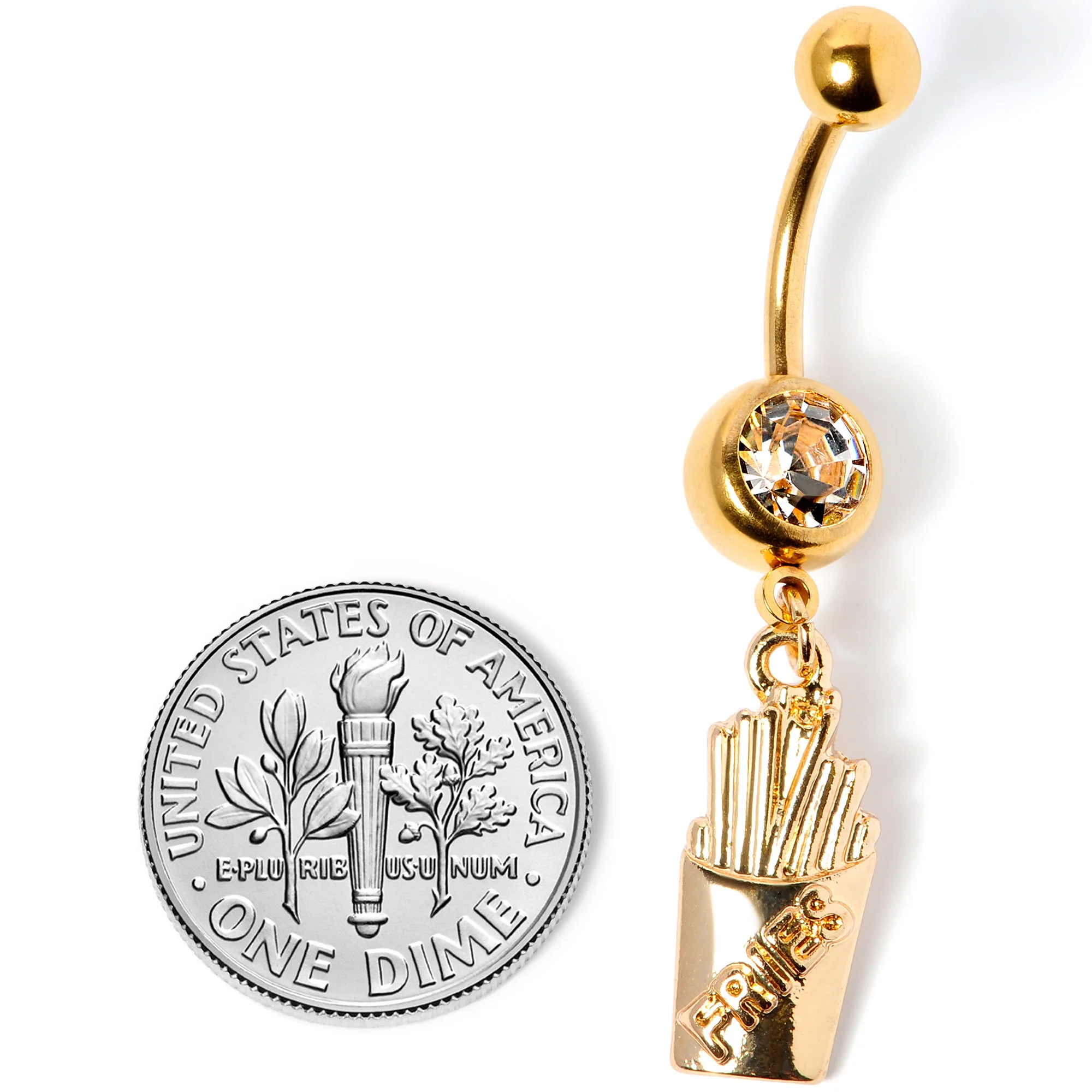 Clear Gem Gold Tone Fast Food French Fries Dangle Belly Ring - Image 5