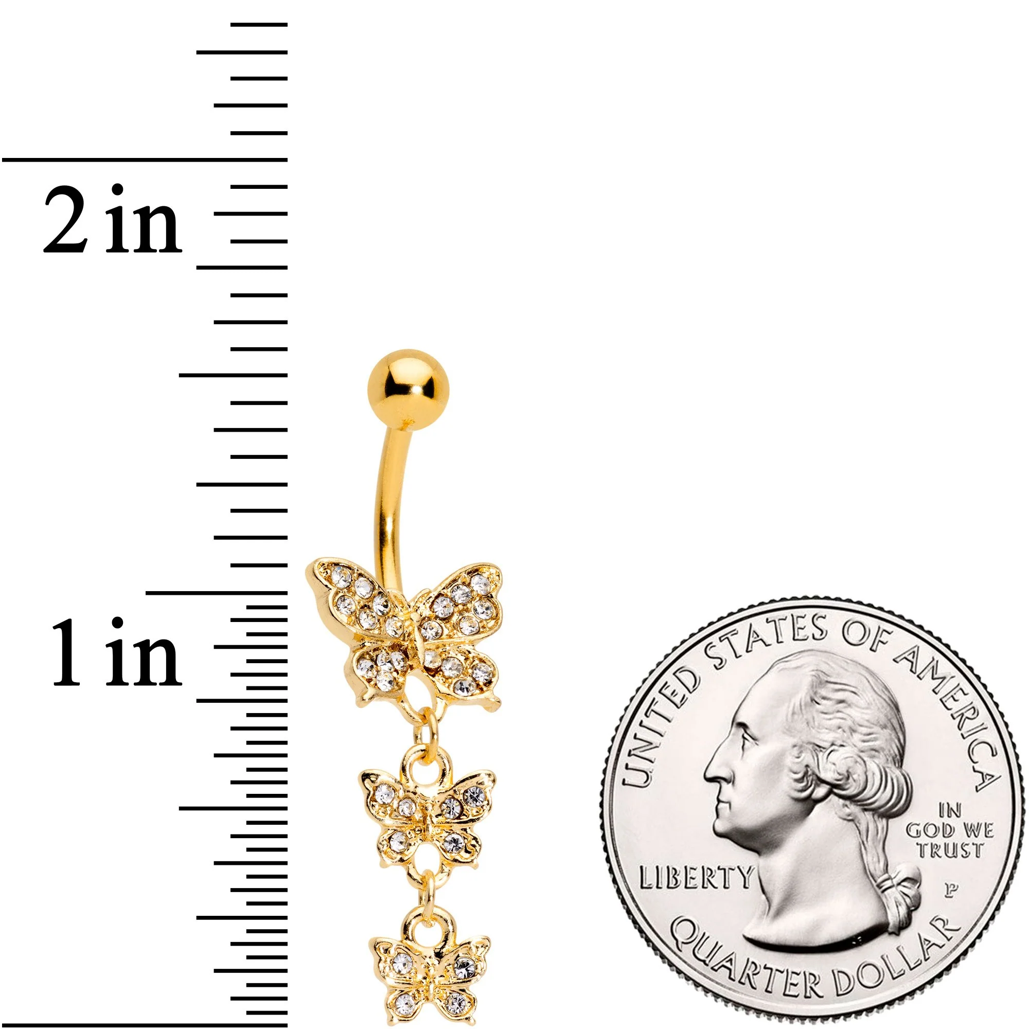 Clear Gem Gold Tone Flight Of Butterflies Dangle Belly Ring - Image 2
