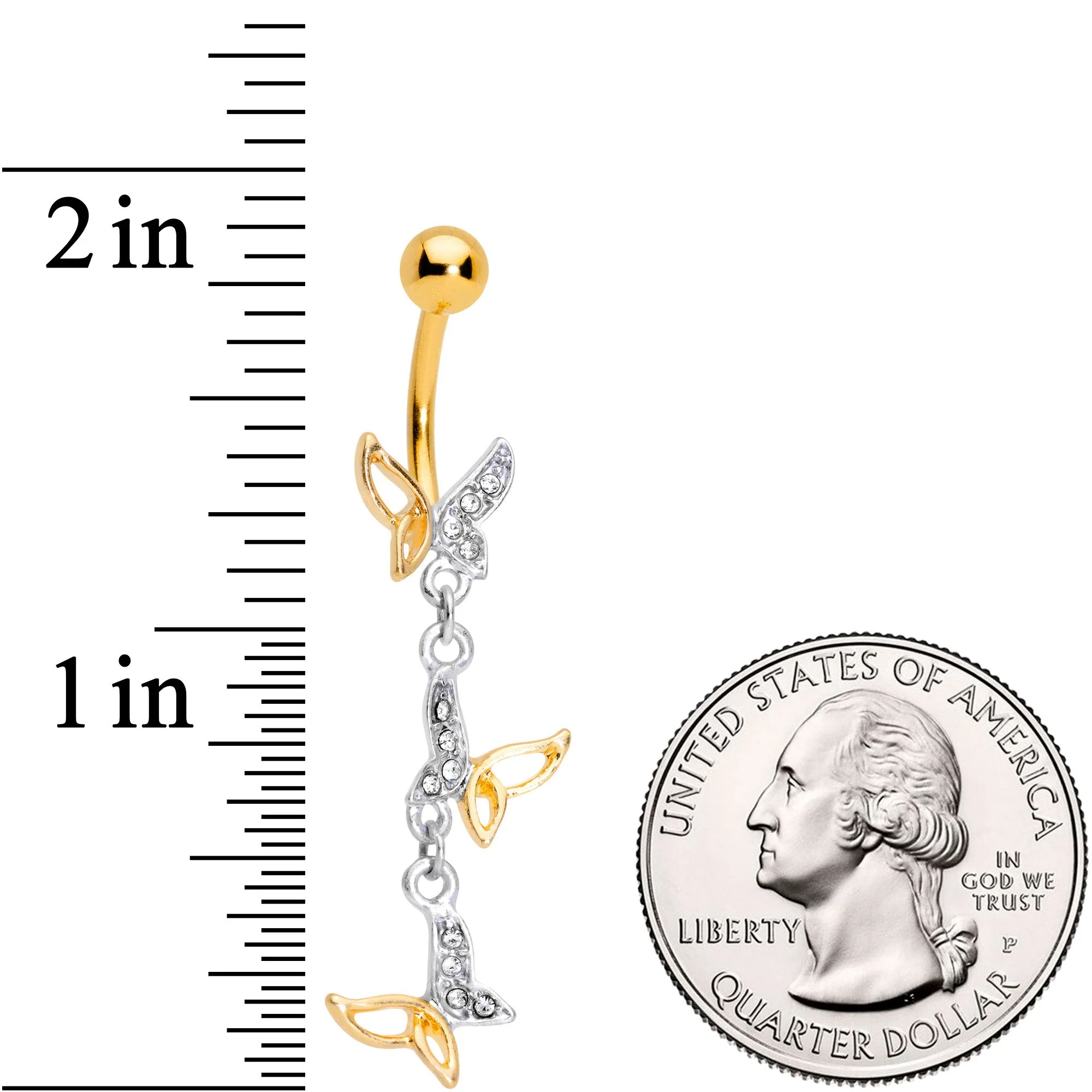 Clear Gem Gold Tone Fly Away Butterfly Dangle Belly Ring - Image 2