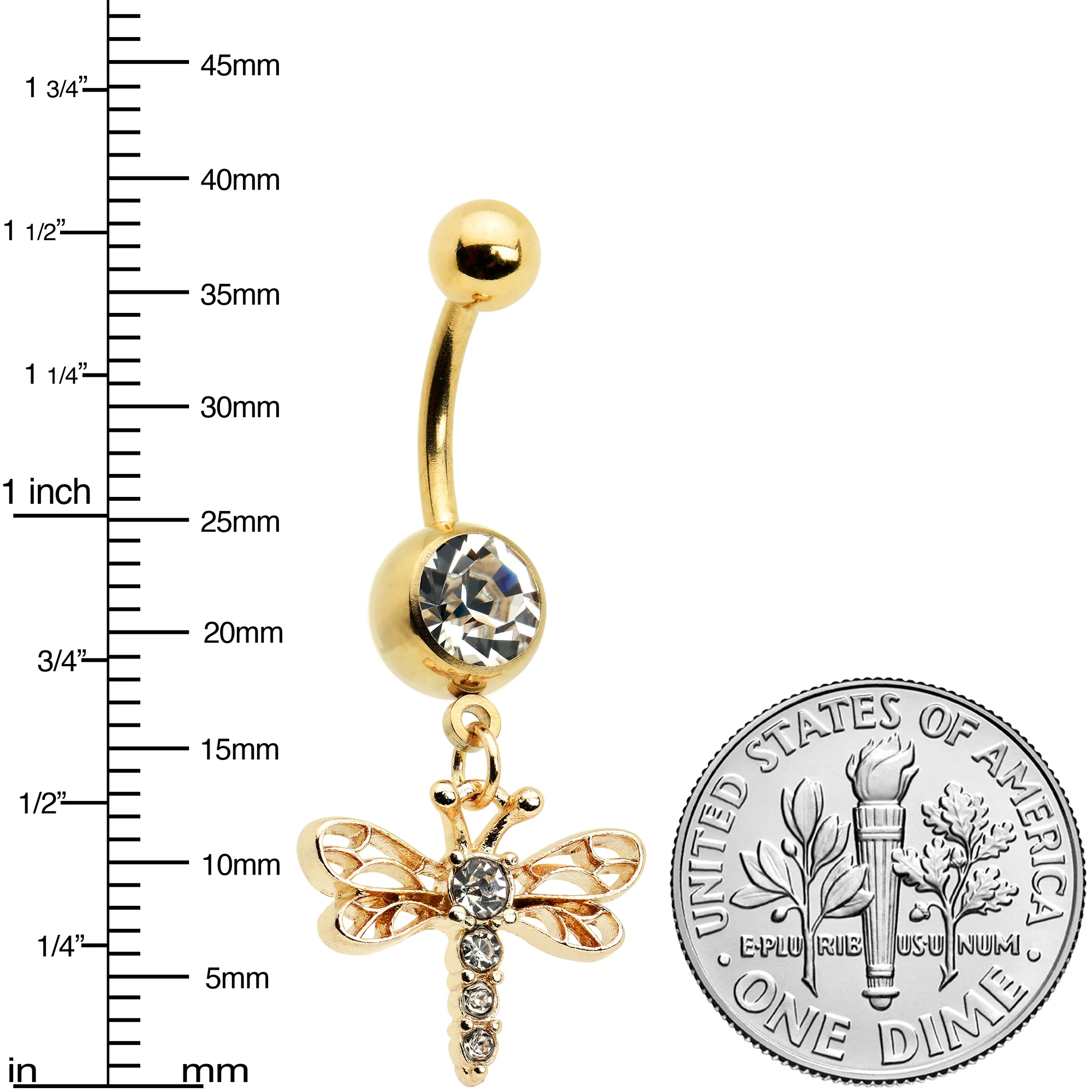 Clear Gem Gold Tone Flying Dragonfly Dangle Belly Ring - Image 3