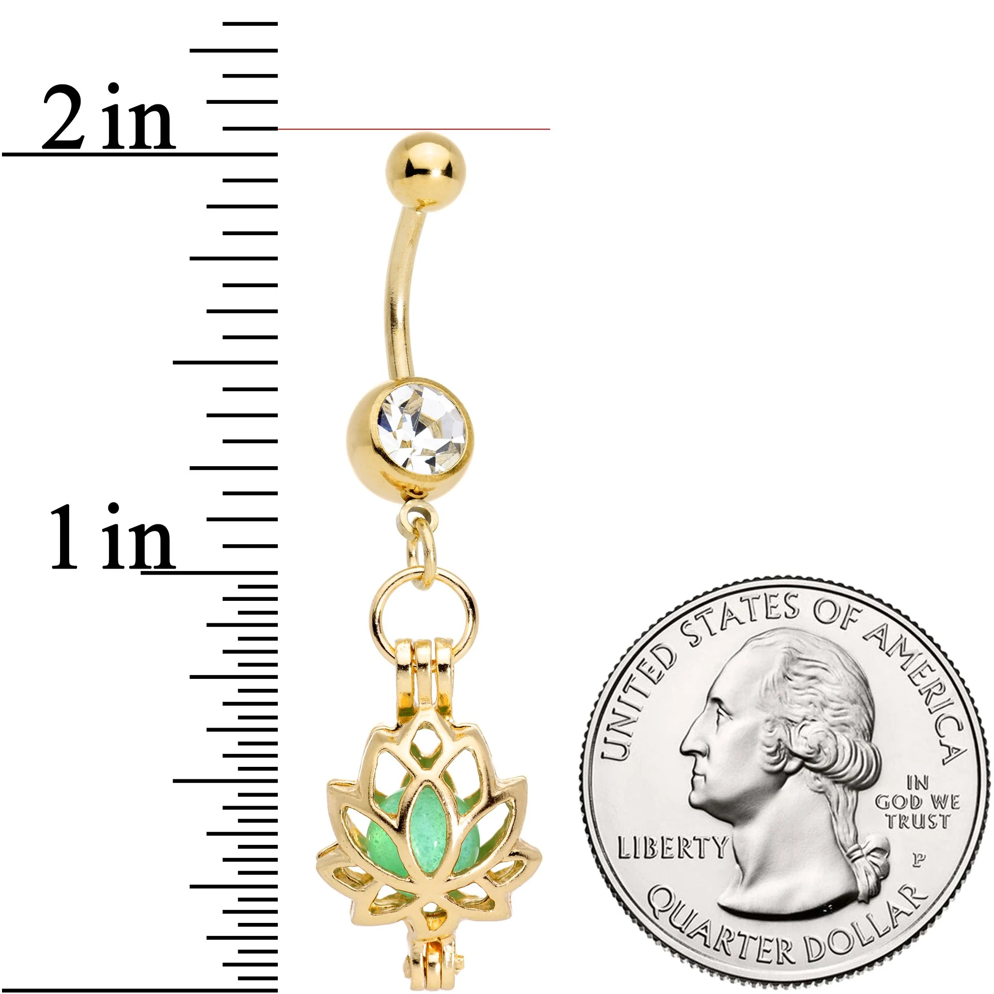 Clear Gem Gold Tone Glow in the Dark Lotus Flower Dangle Belly Ring - Image 3