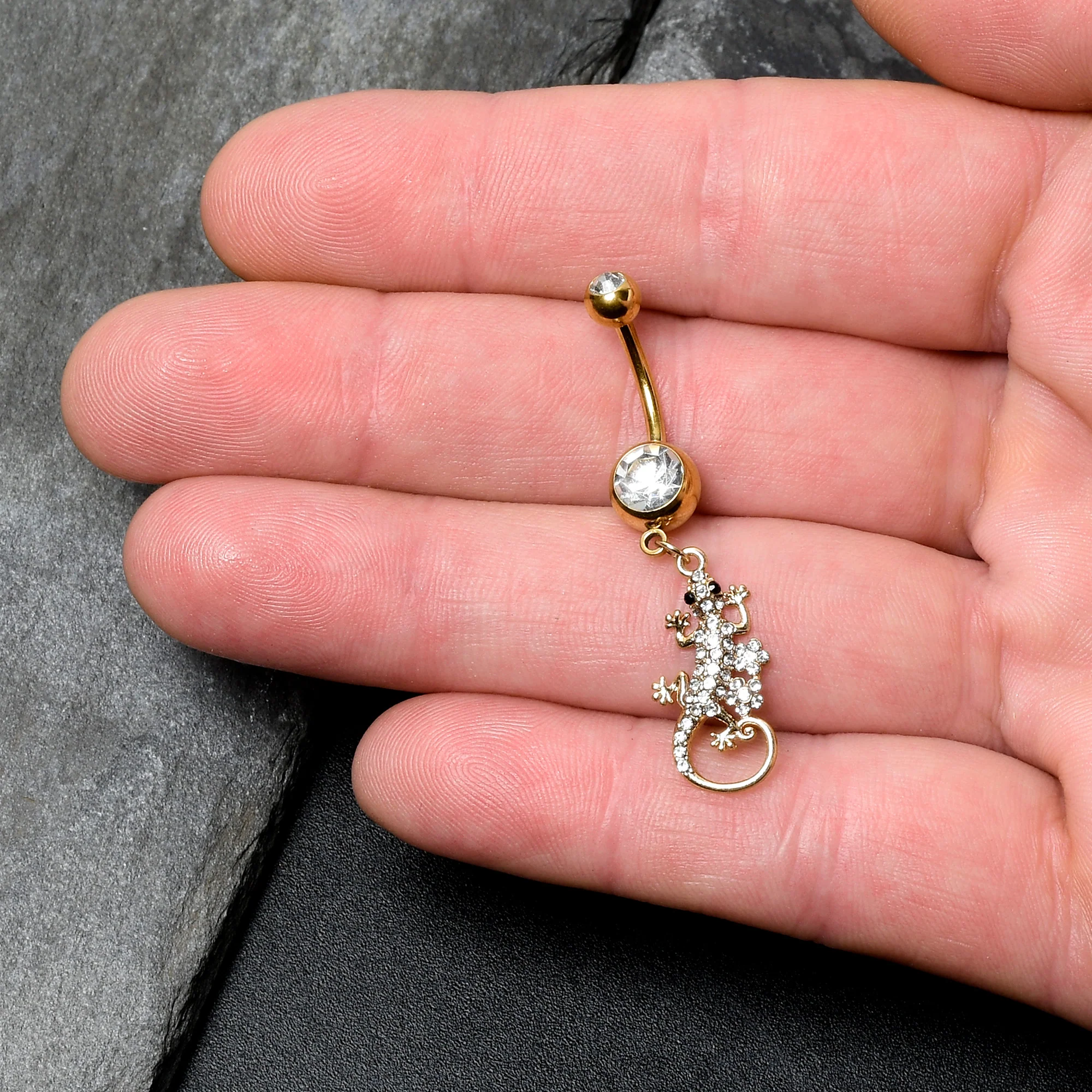 Clear Gem Gold Tone Luscious Lizard Dangle Belly Ring - Image 2