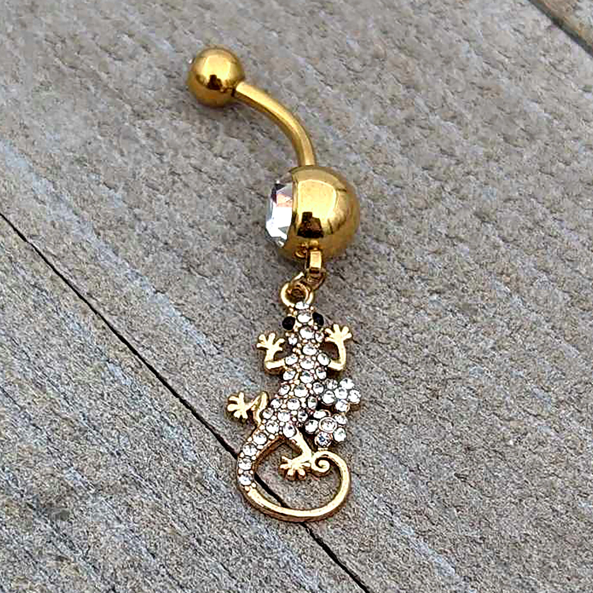 Clear Gem Gold Tone Luscious Lizard Dangle Belly Ring - Image 4
