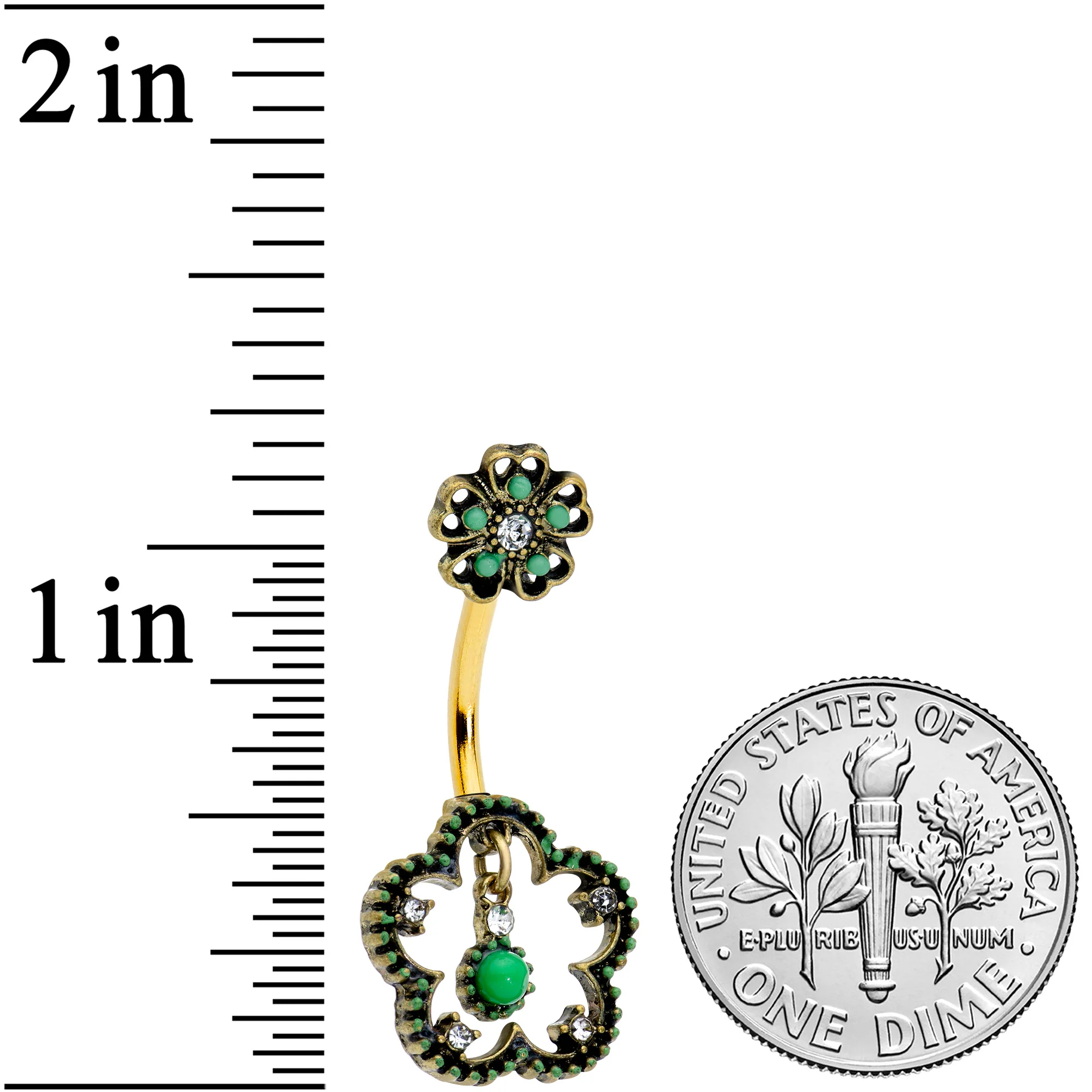 Clear Gem Gold Tone Open Green Flower St Patricks Day Belly Ring - Image 2