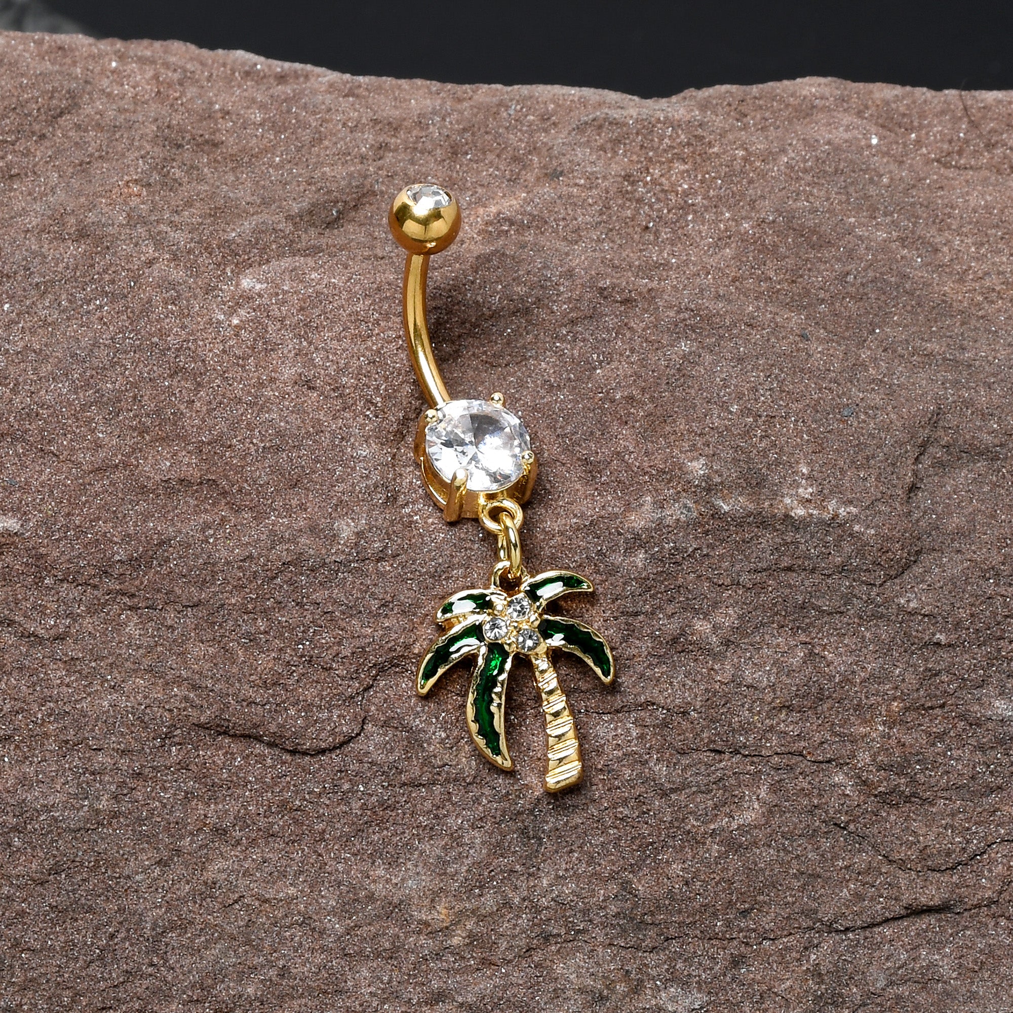 Clear Gem Gold Tone Palm Tree Style Dangle Belly Ring - Image 4