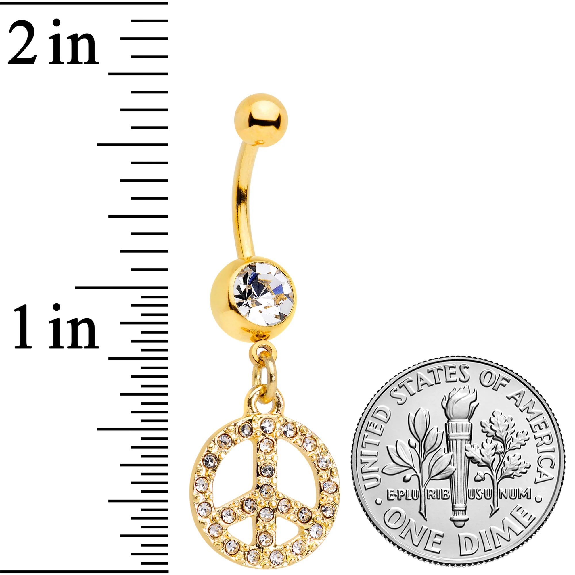 Clear Gem Gold Tone Peace Sign Dangle Belly Ring - Image 2
