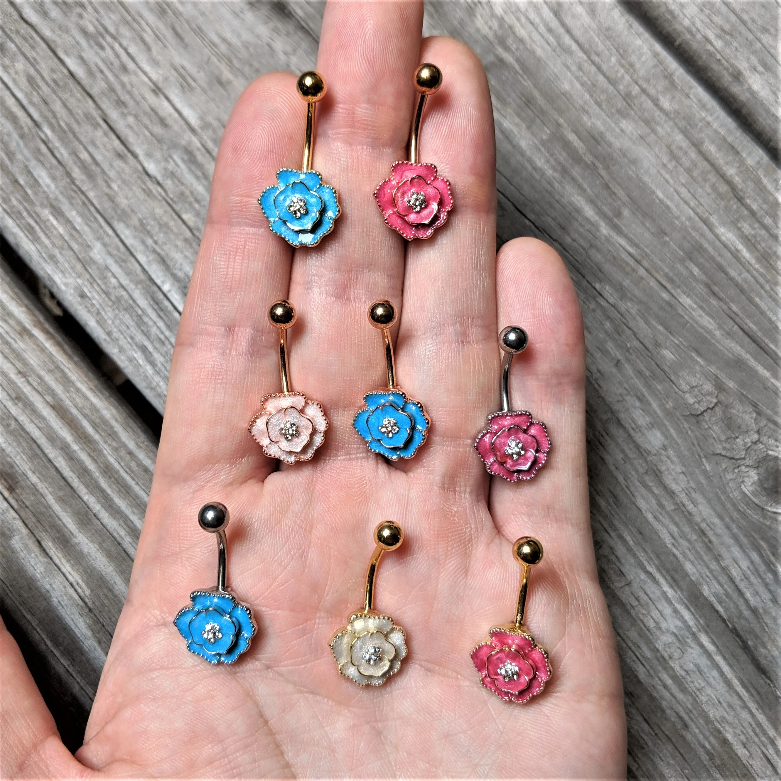 Clear Gem Gold Tone Pink Rose Reversible Belly Ring - Image 2