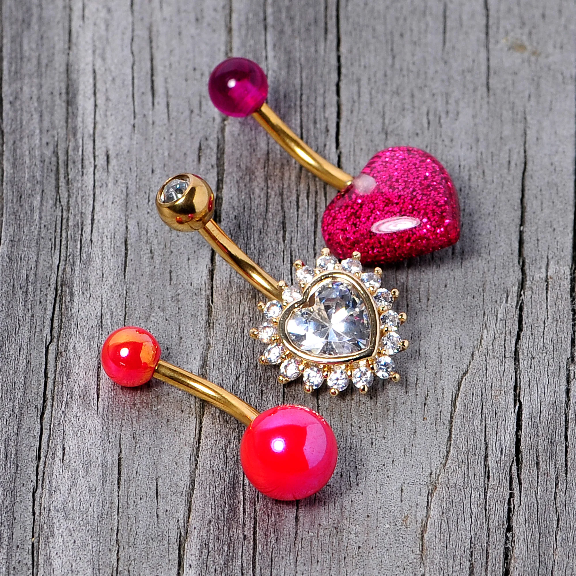 Clear Gem Gold Tone Pink UV Glow Heart Belly Ring Set of 3 - Image 4