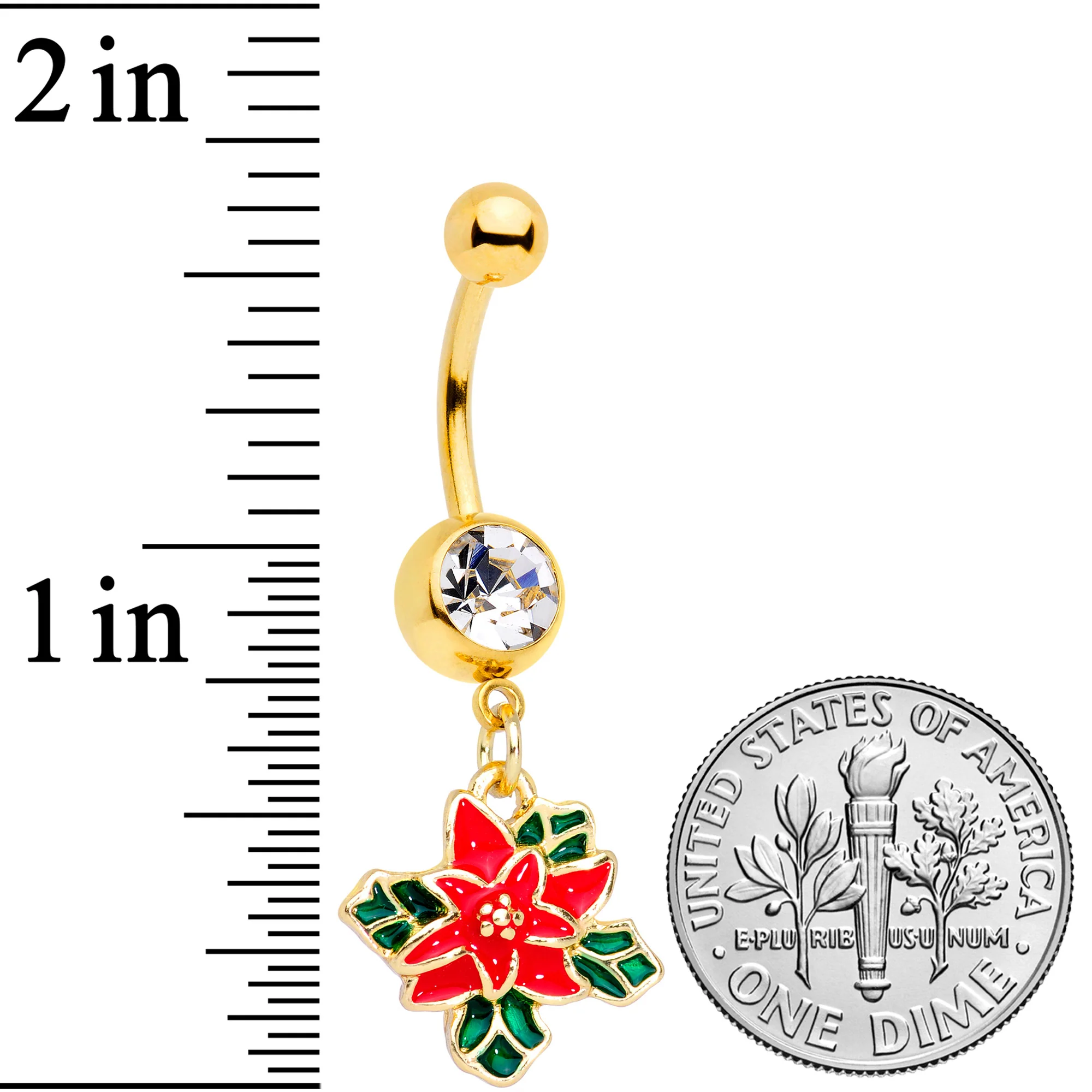 Clear Gem Gold Tone Poinsettia Christmas Dangle Belly Ring - Image 4