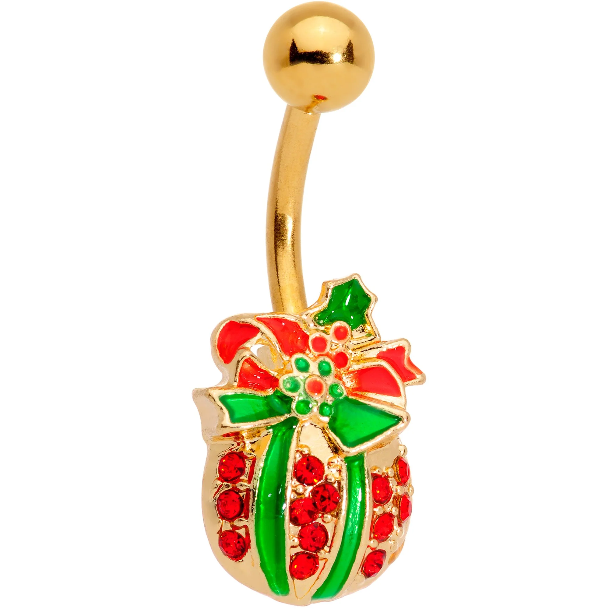 Clear Gem Gold Tone Red Holiday Gift Ornament Belly Ring Set of 4 - Image 2
