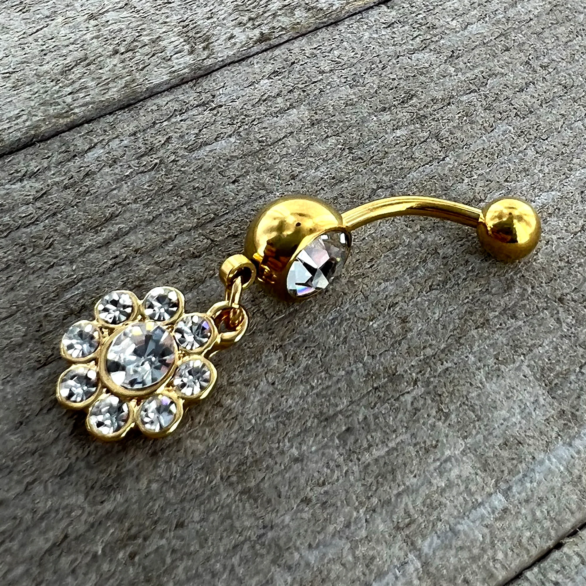 Clear Gem Gold Tone Whimsy Flower Dangle Belly Ring - Image 5