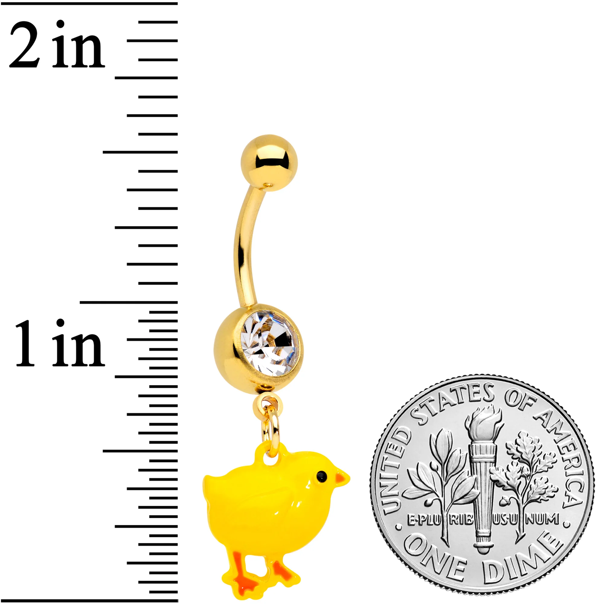 Clear Gem Gold Tone Yellow Easter Chick Dangle Belly Ring - Image 2