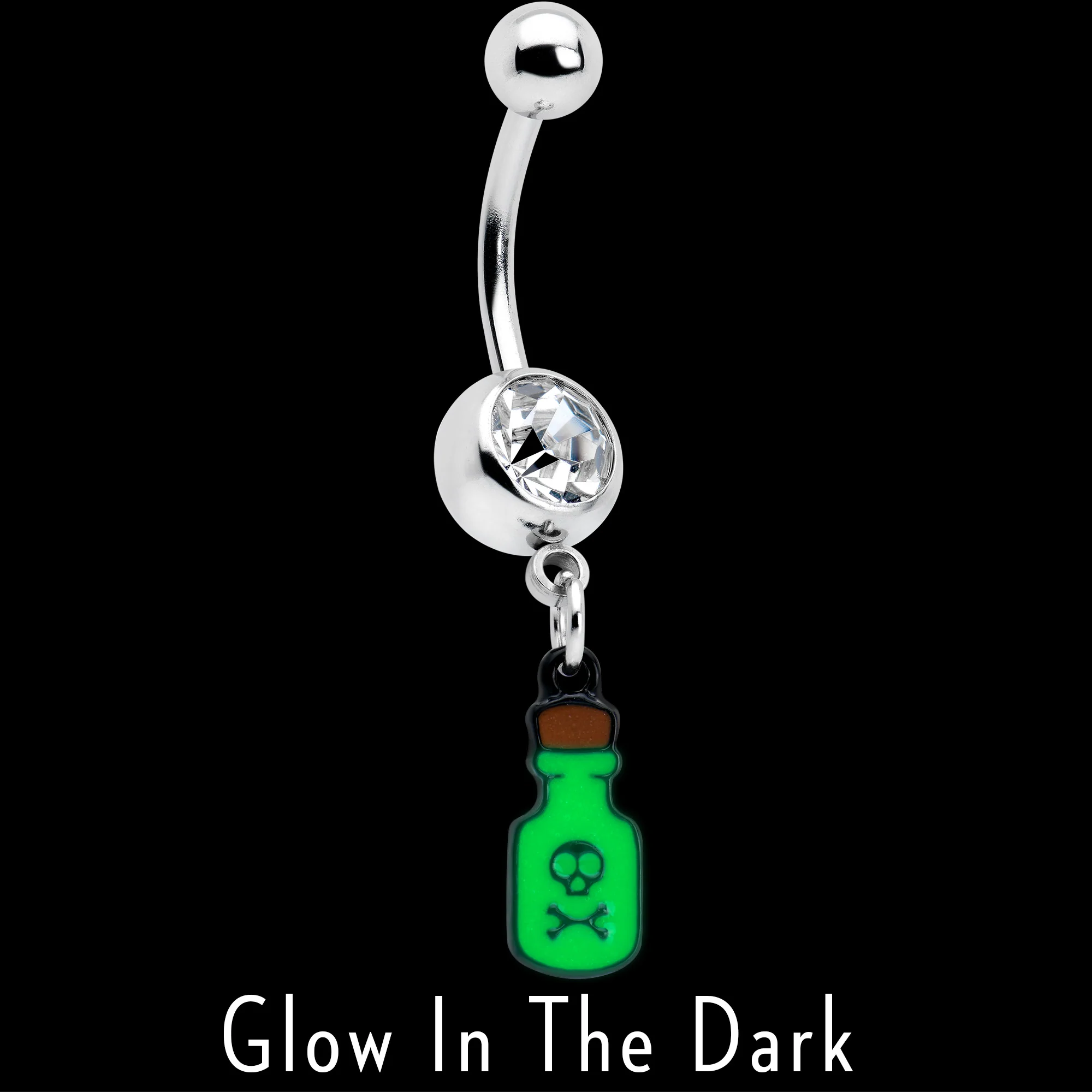 Clear Gem Green Poison Bottle Glow in the Dark Dangle Belly Ring - Image 2