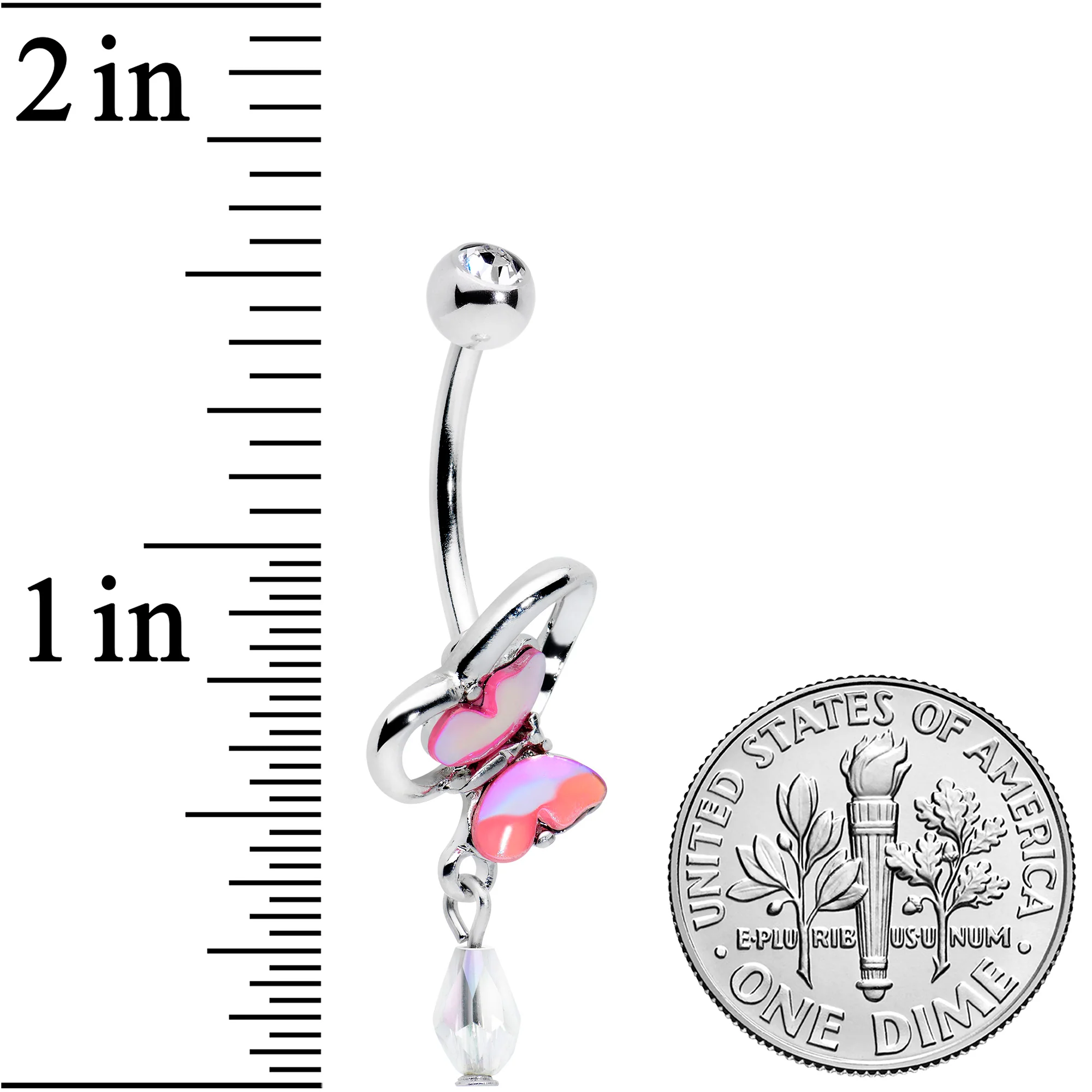 Clear Gem Heart Pink Butterfly Dangle Belly Ring - Image 2