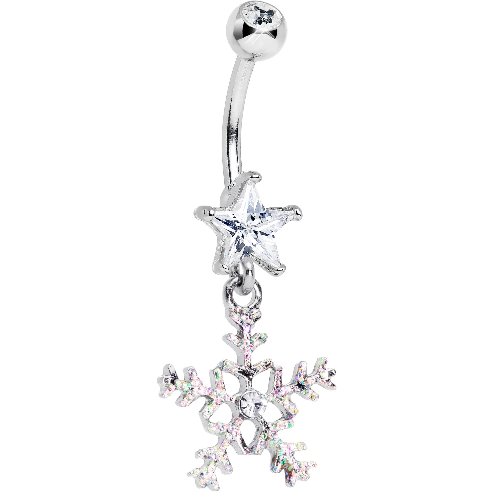 Clear Gem Iridescent Secret Snowflake Dangle Belly Ring - Image 3