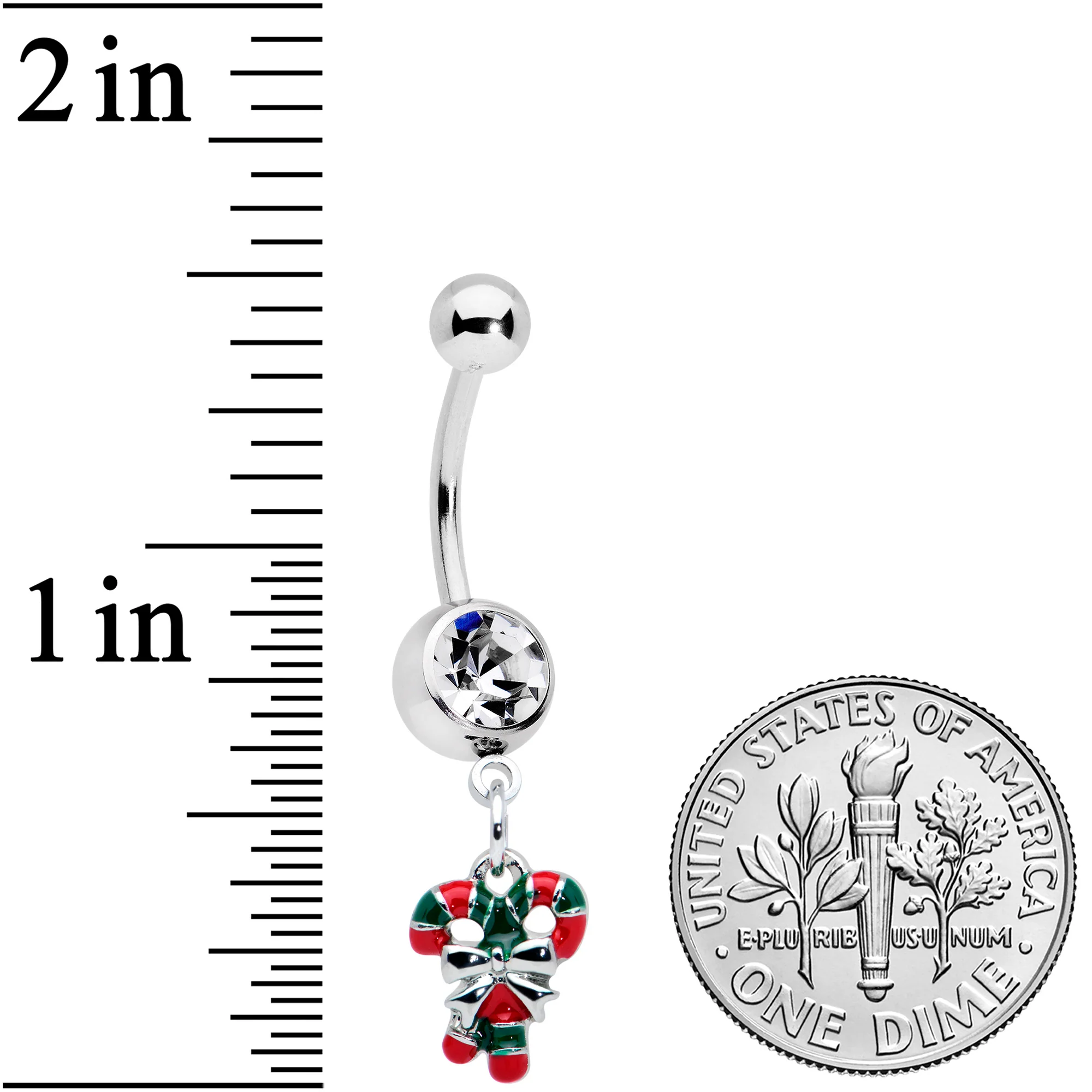 Clear Gem Pair of Candy Canes Christmas Dangle Belly Ring - Image 2
