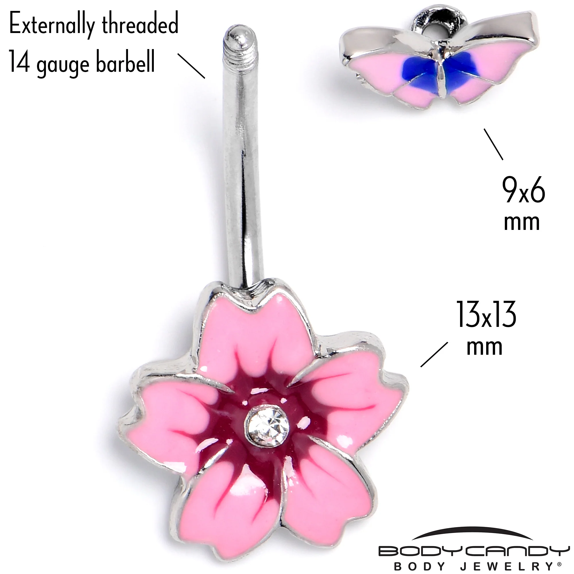 Clear Gem Perfectly Pink Flower Butterfly Double Mount Belly Ring - Image 6