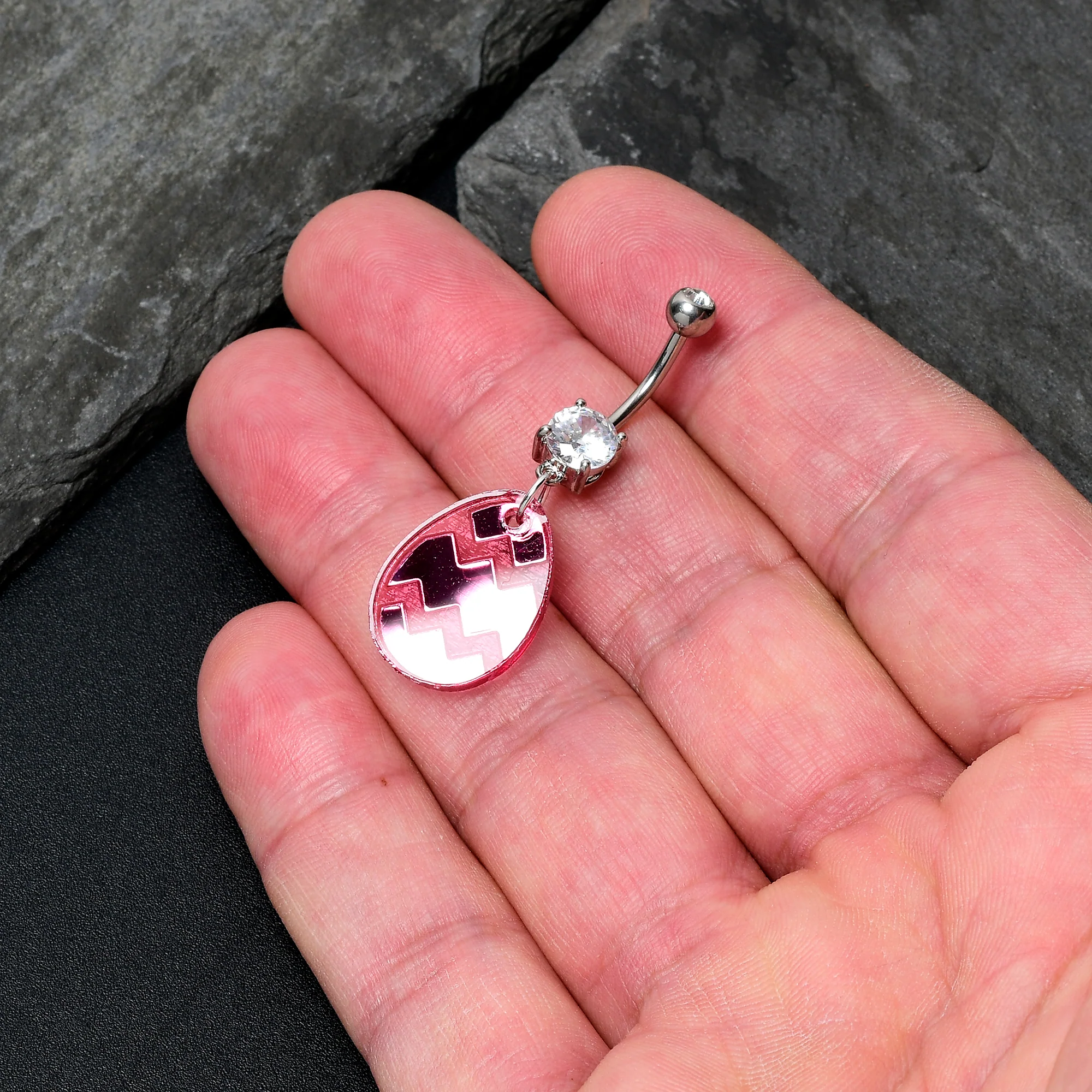 Clear Gem Pink Easter Decorated Egg Dangle Belly Ring - Image 2
