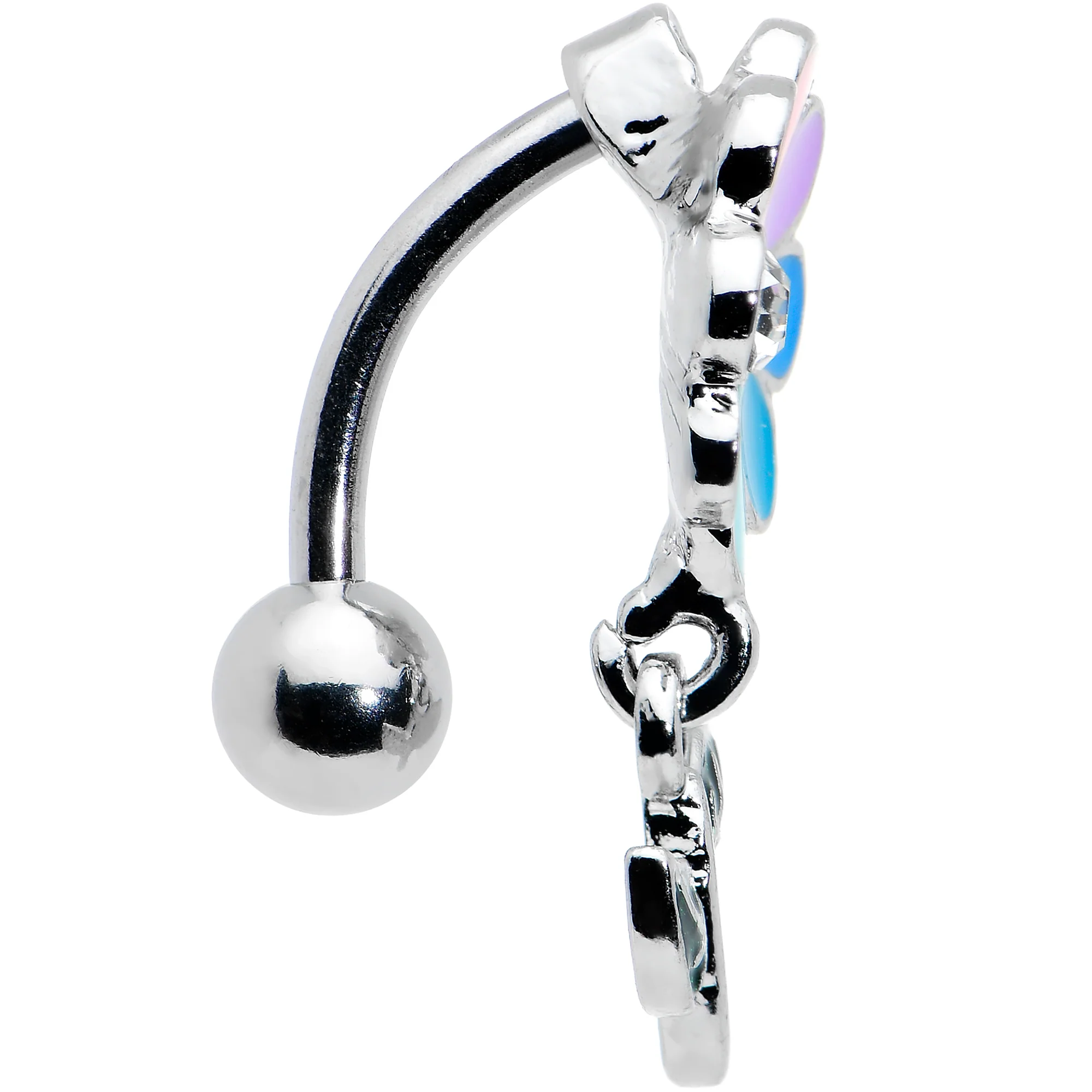 Clear Gem Rainbow Pride Flower Top Mount Dangle Belly Ring - Image 5