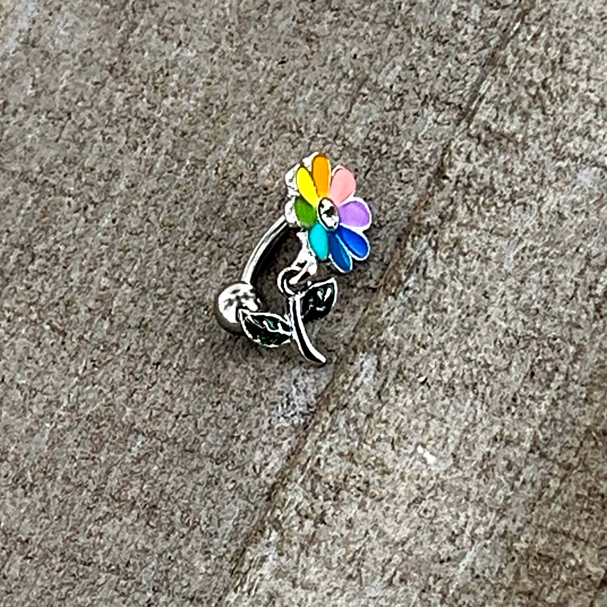 Clear Gem Rainbow Pride Flower Top Mount Dangle Belly Ring - Image 6