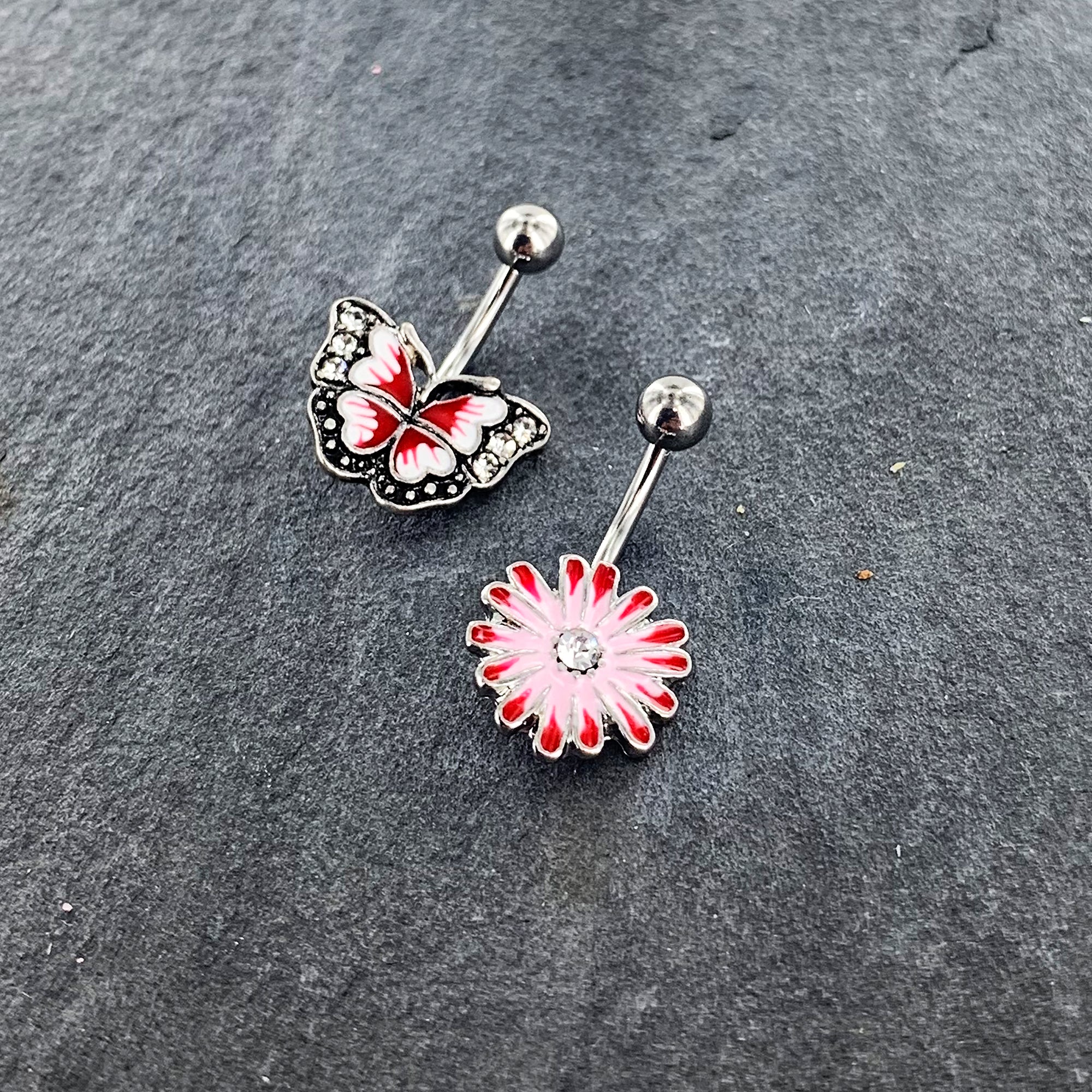 Clear Gem Red Light Pink Butterfly Flower Belly Ring Set of 2 - Image 6