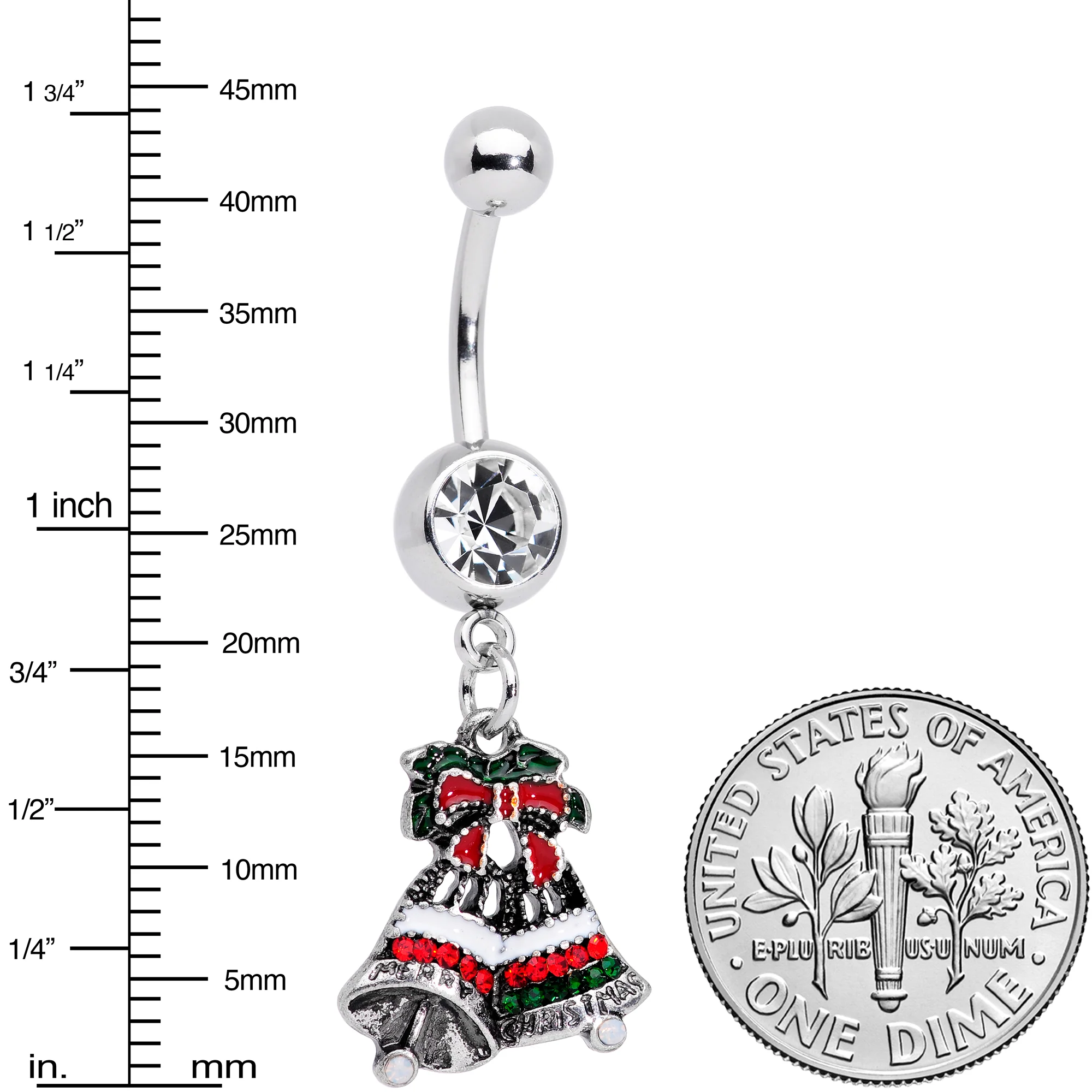 Clear Gem Red White Green Bells Christmas Dangle Belly Ring - Image 2