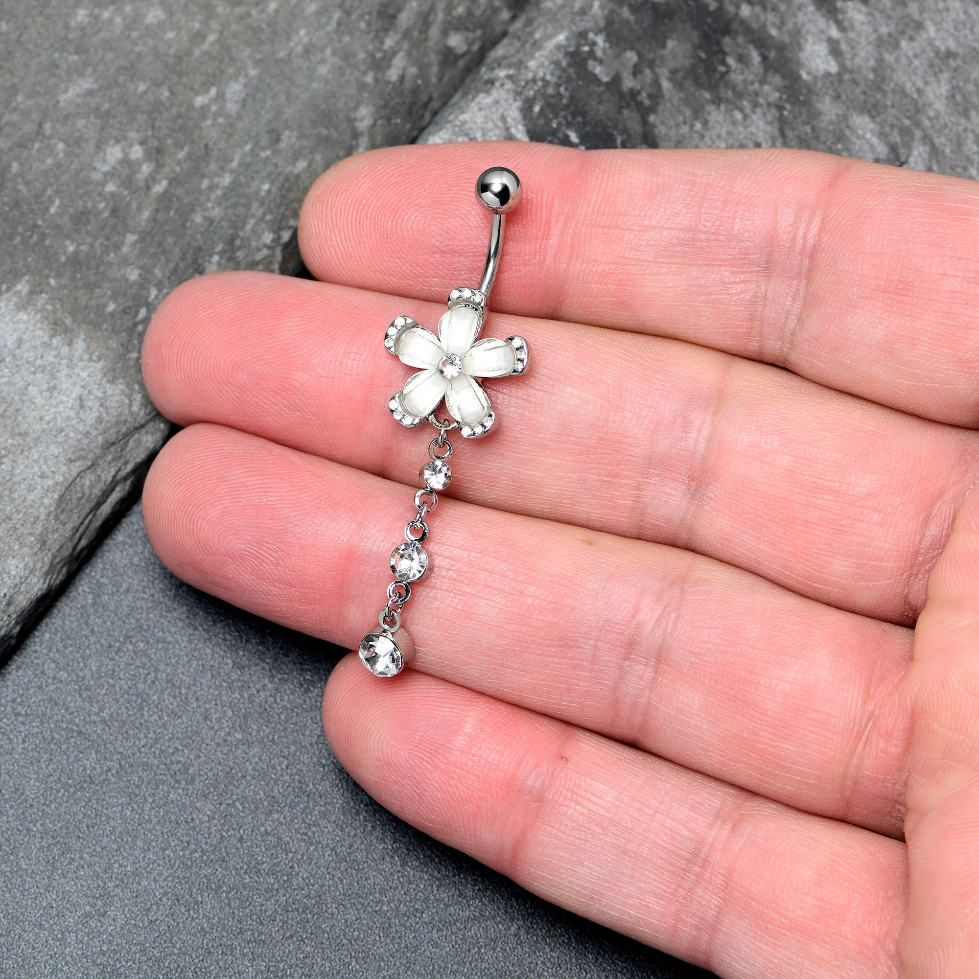 Clear Gem Retro Flower Glamour Dangle Belly Ring - Image 2