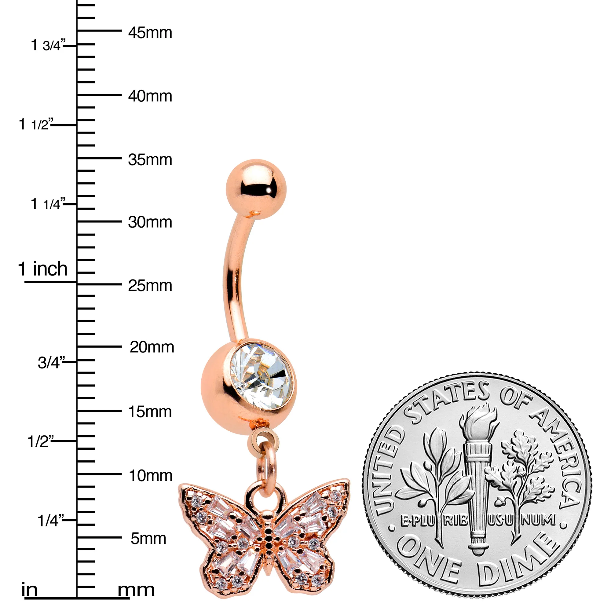 Clear Gem Rose Gold Tone Baroque Butterfly Rococo Dangle Belly Ring - Image 2