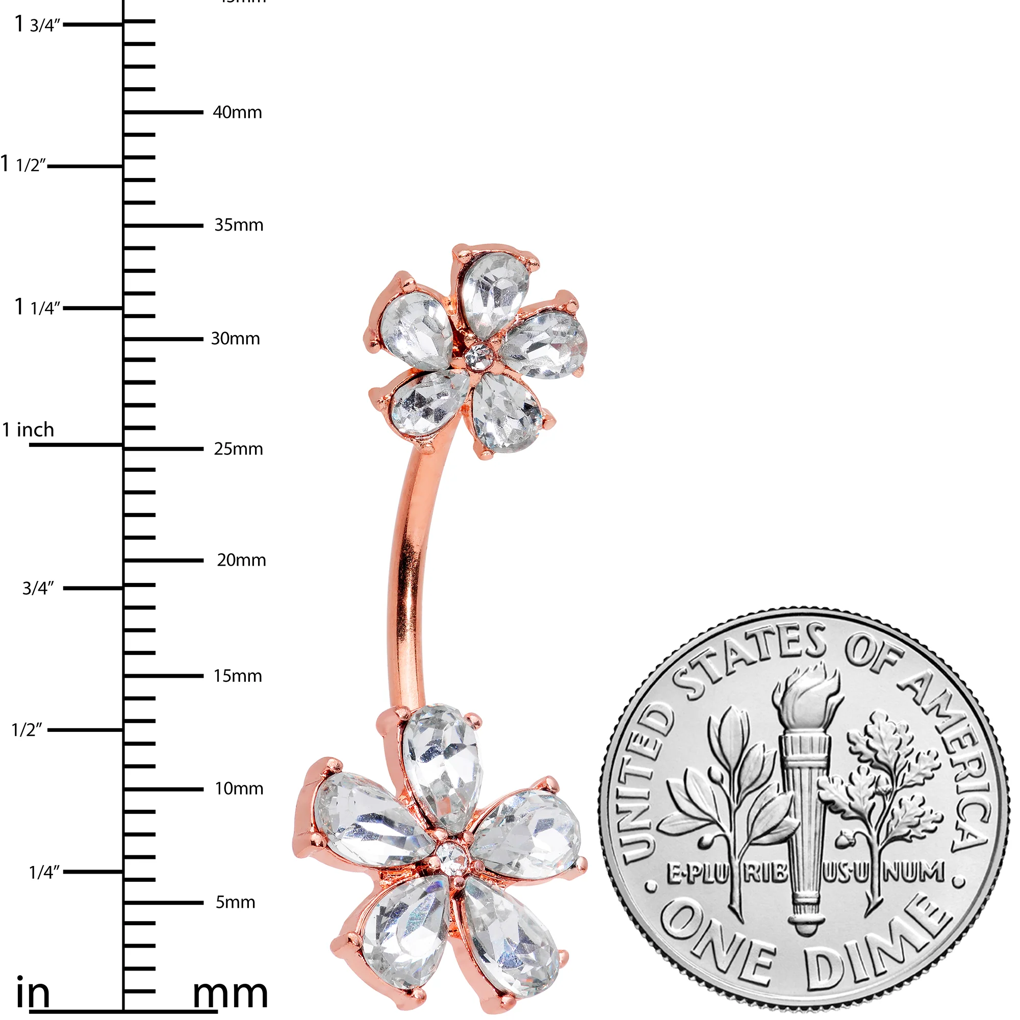 Clear Gem Rose Gold Tone Fabulous Flowers Double Mount Belly Ring - Image 2