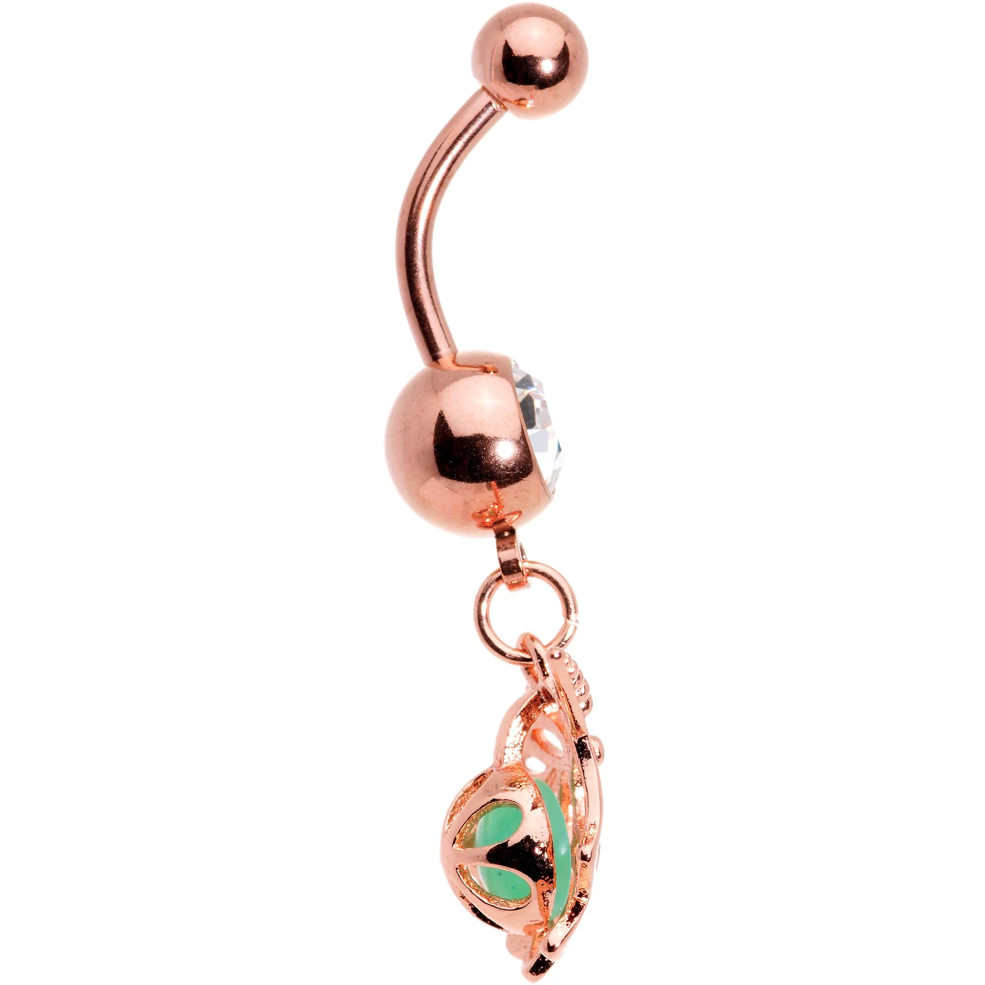 Clear Gem Rose Gold Tone Glow in the Dark Orb Unicorn Dangle Belly Ring - Image 2