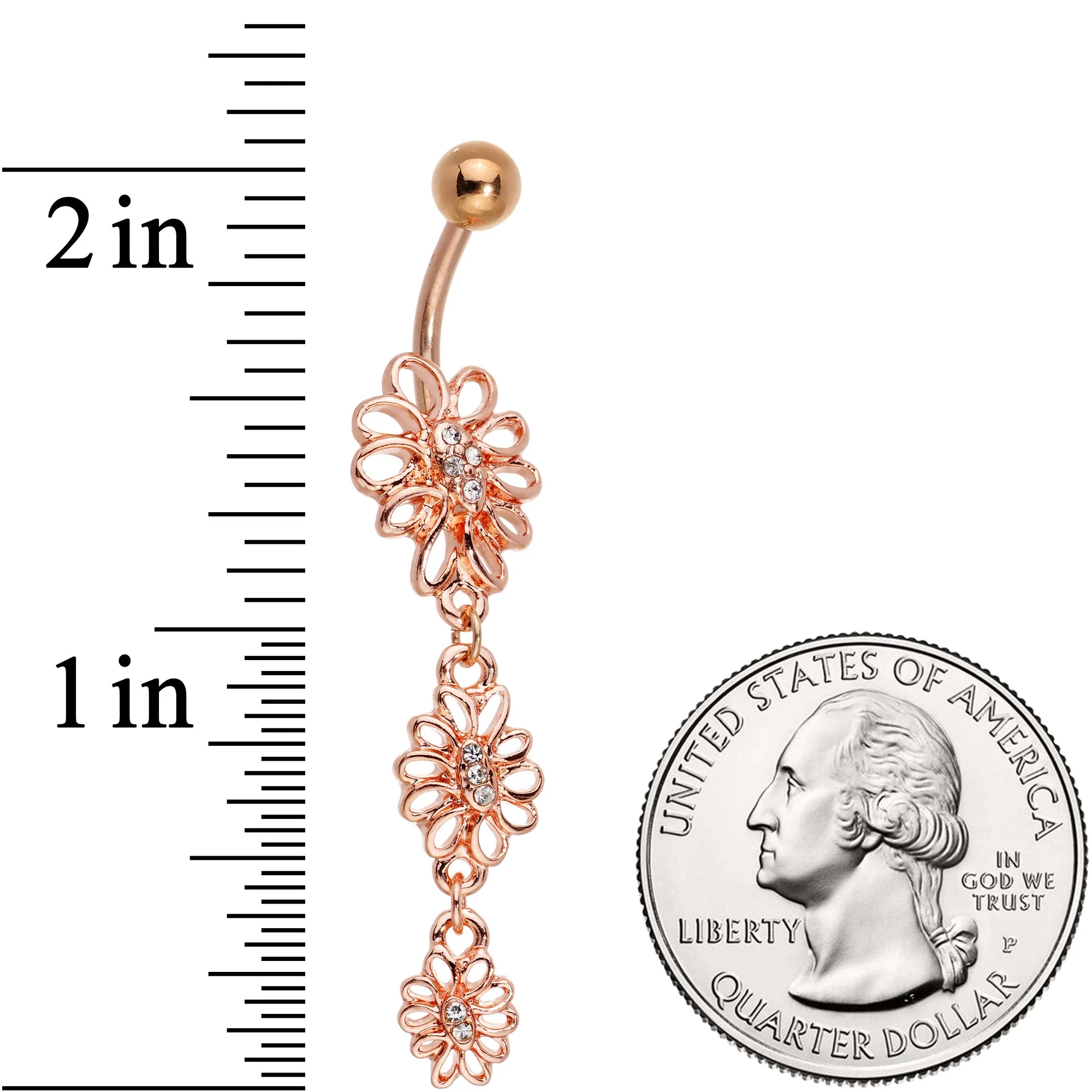 Clear Gem Rose Gold Tone Loopy Love Flowers Dangle Belly Ring - Image 2