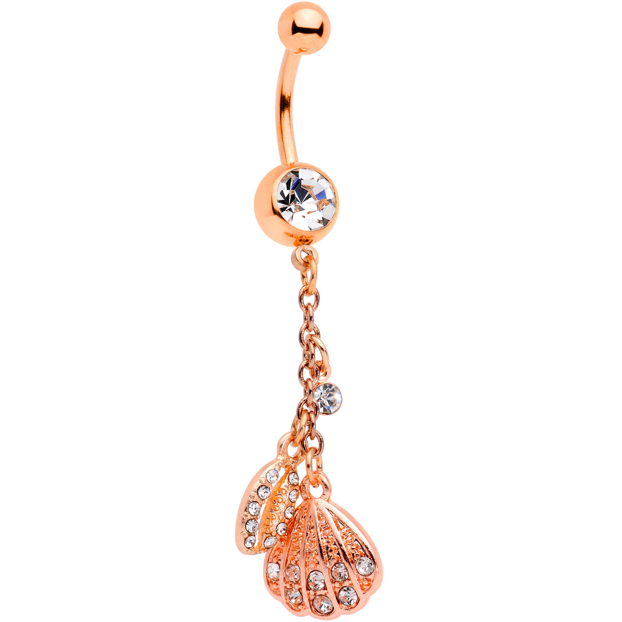 Clear Gem Rose Gold Tone Nautical Shell Dangle Belly Ring - Image 3
