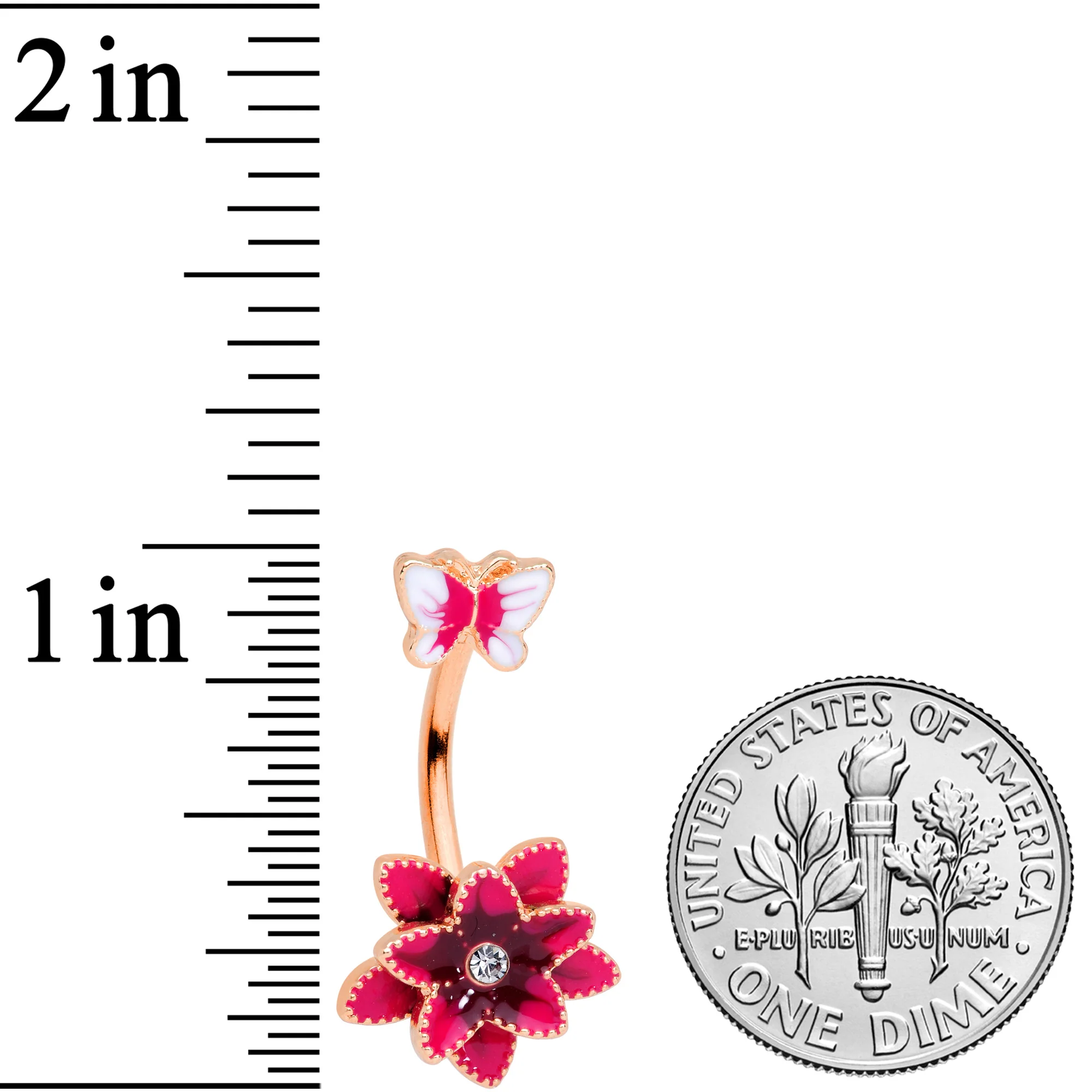 Clear Gem Rose Gold Tone Pink Flower Butterfly Double Mount Belly Ring - Image 2